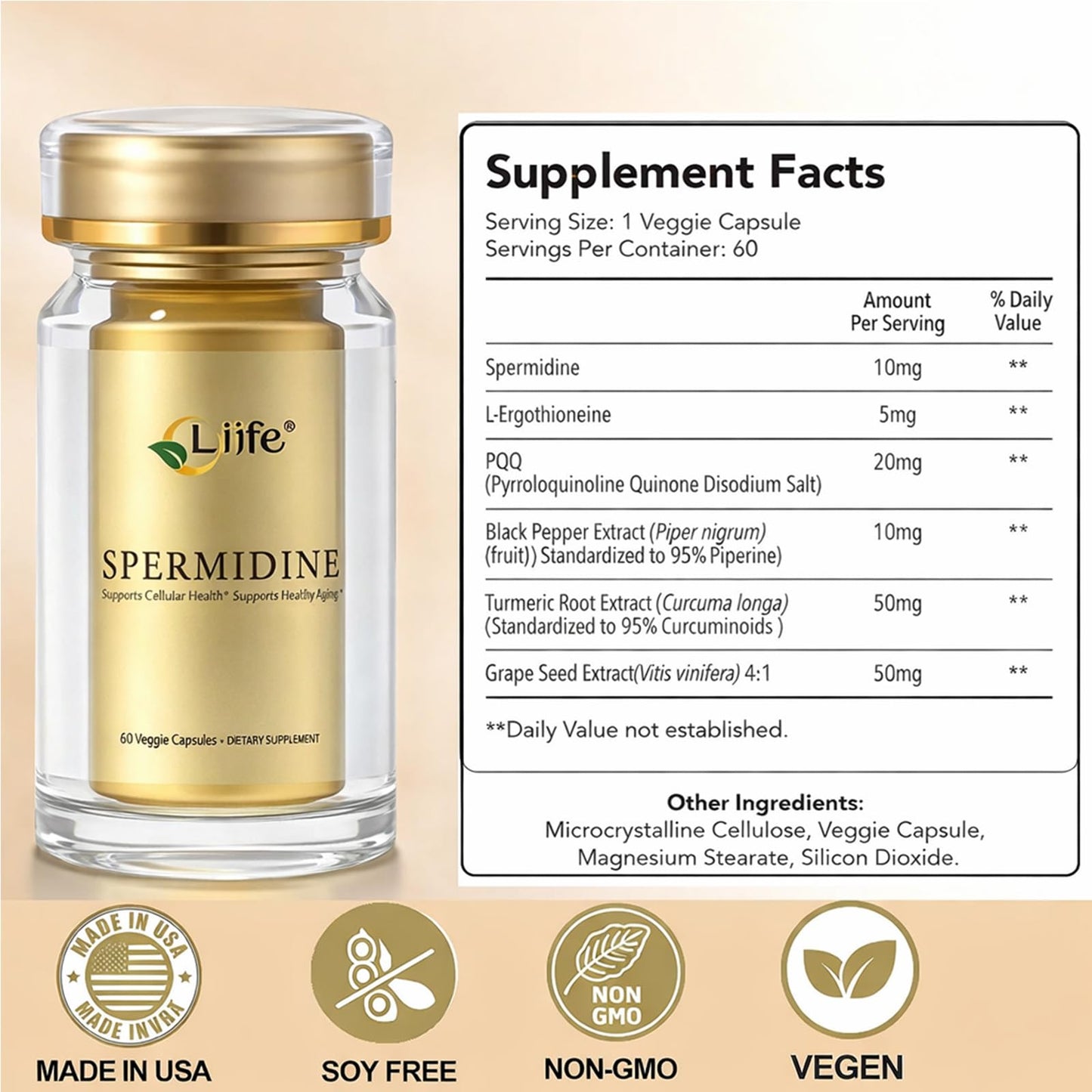 LIIFE Spermine Supplement for Women & Men 6-in-1 Formula Capsules 60 Count