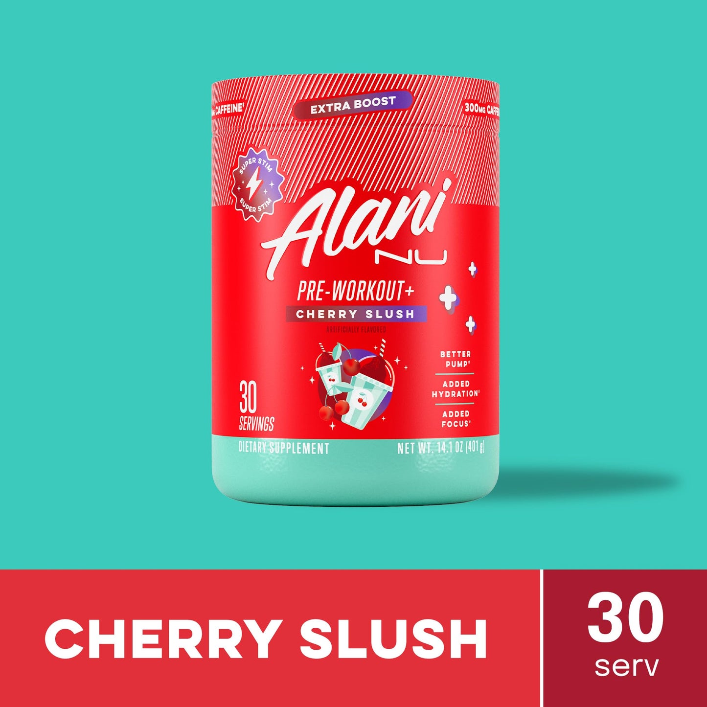 Alani Nu Pre Workout+ Powder Cherry Slush, Extra Boost, Sugar Free, 300mg Caffeine, L-Theanine, Beta-Alanine, Citrulline, 30 Servings, 13.8 Ounce