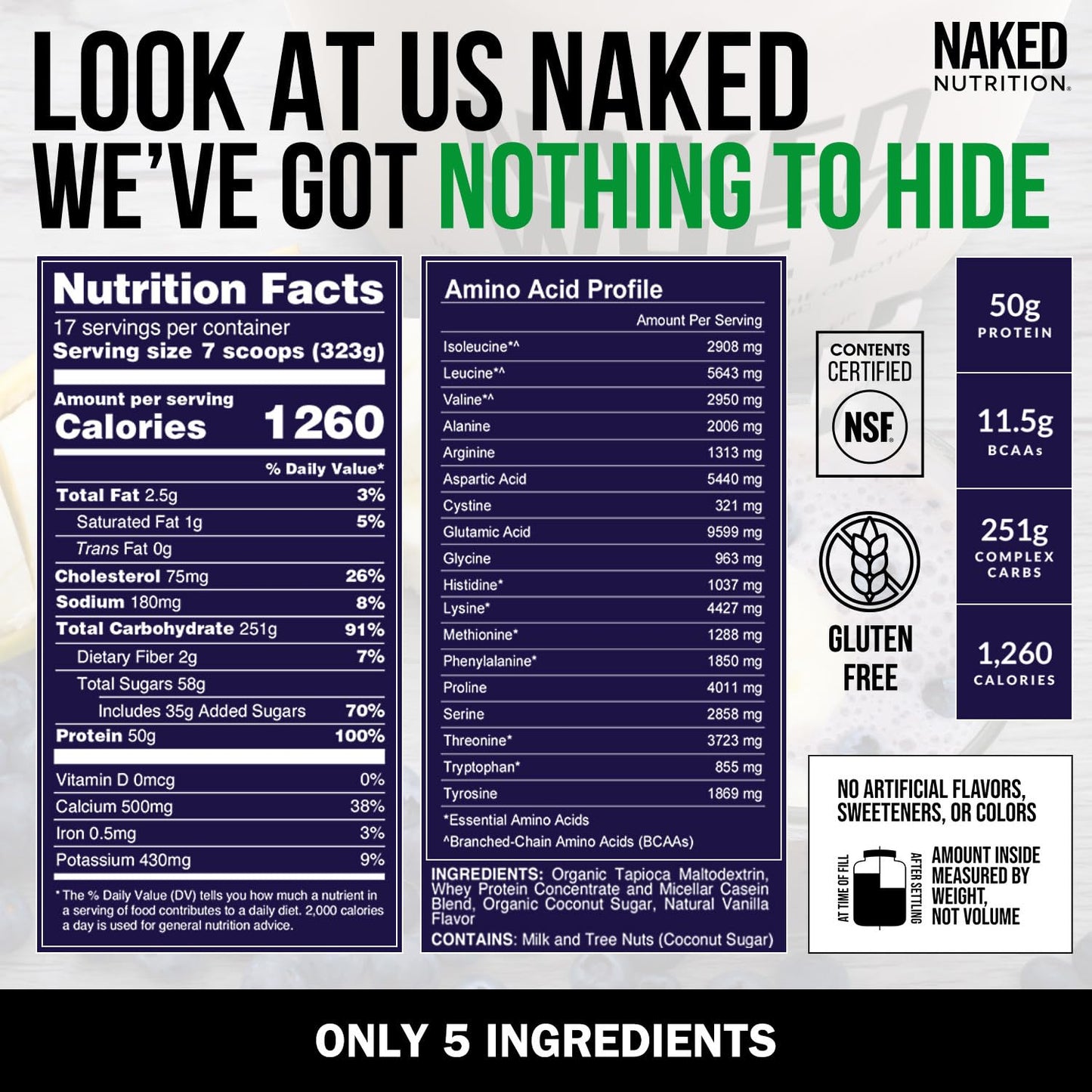 NAKED Vanilla Mass Weight Gainer Protein Powder, 12 lb, 192 Servings