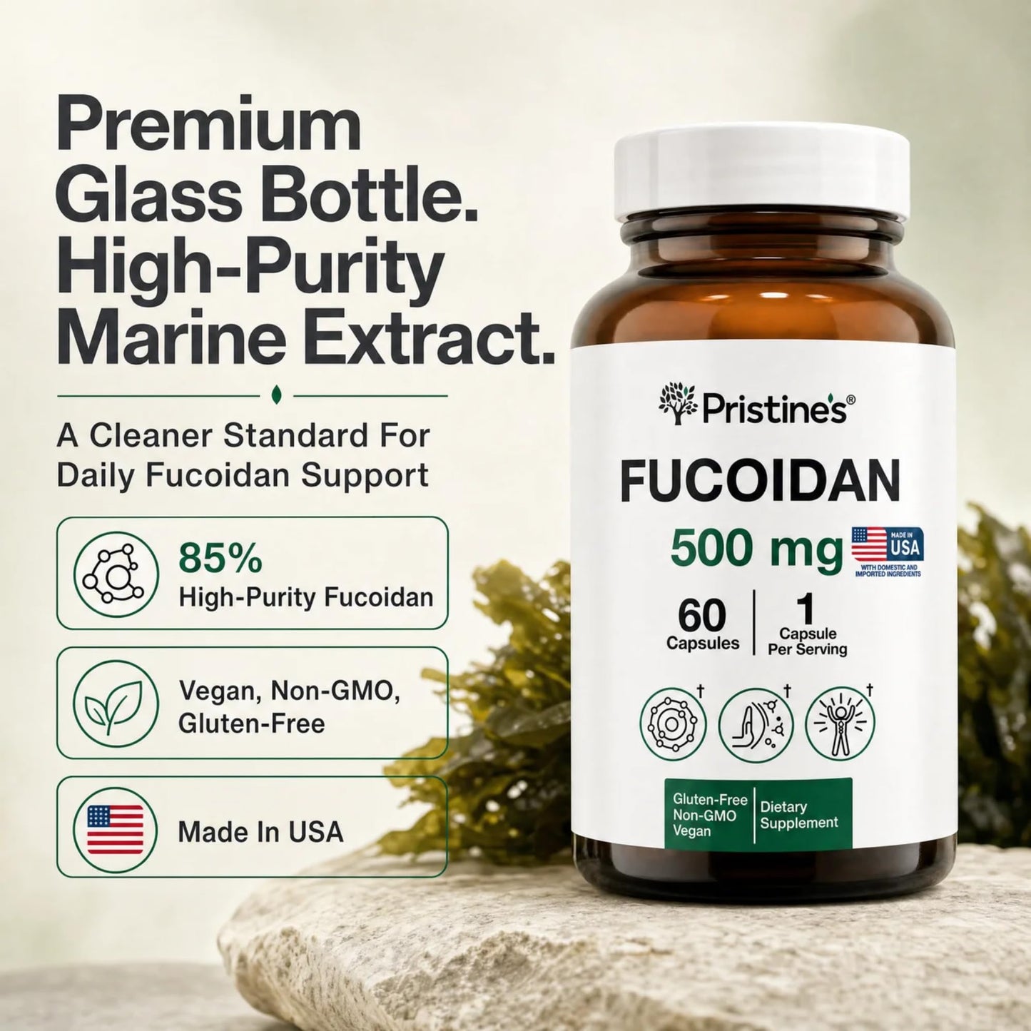 PRISTINE'S Fucoidan 500mg Brown Seaweed Extract Capsules, 60 Count