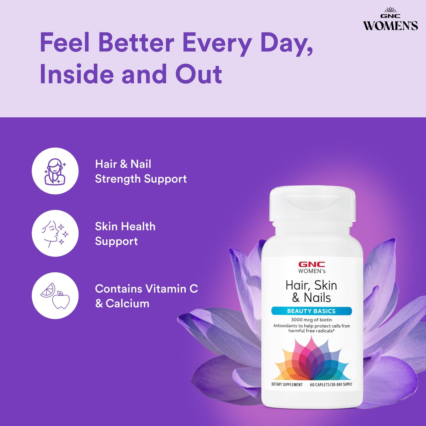GNC Women's Hair, Skin & Nails Daily Multivitamin Blend Biotin 3,000 mcg, Hyaluronic Acid, Vitamins C & E with Niacin Added Antioxidants 60 Caplets