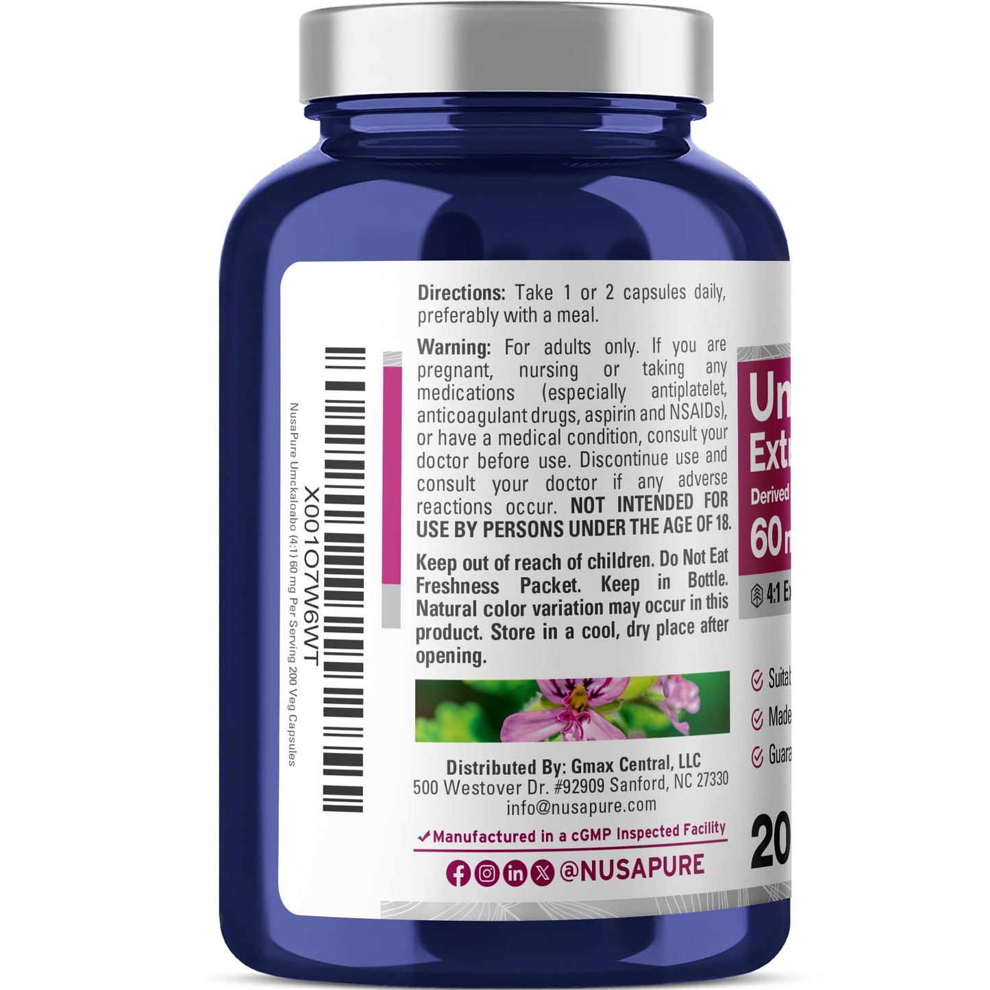 NusaPure Umckaloabo 60 mg Capsules, 200 Veg Capsules