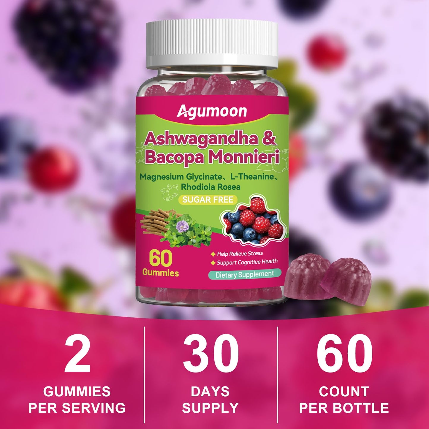 Agumoon Bacopa Monnieri Gummies & Ashwagandha for Kids & Adults Gentle Organic GMP, Gummy, 60 Count
