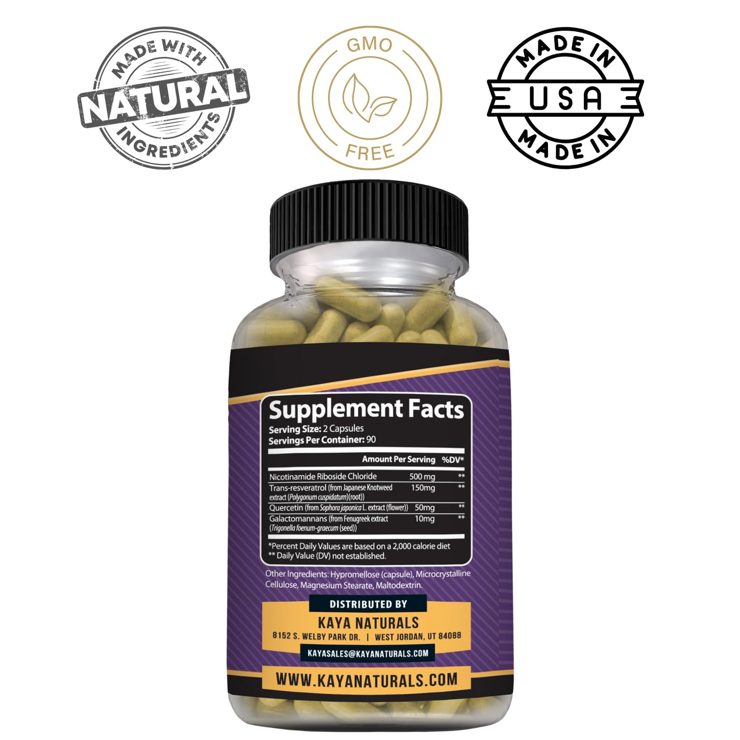 Kaya Naturals NAD+ with Trans-Resveratrol 710mg per Serving Capsule, 180 Count