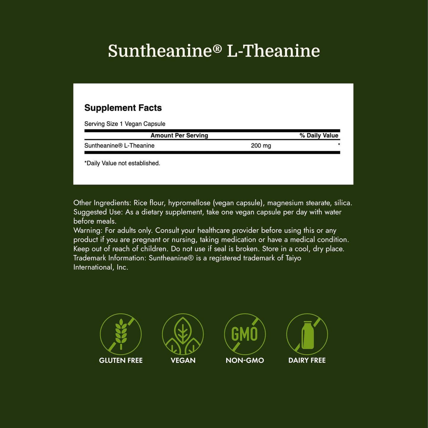 Swanson Suntheanine L-Theanine Calm and Focus Supplement for Stress-Prone Professionals Seeking Balanced Wellbeing, 200 mg, 60 Veggie Capsules
