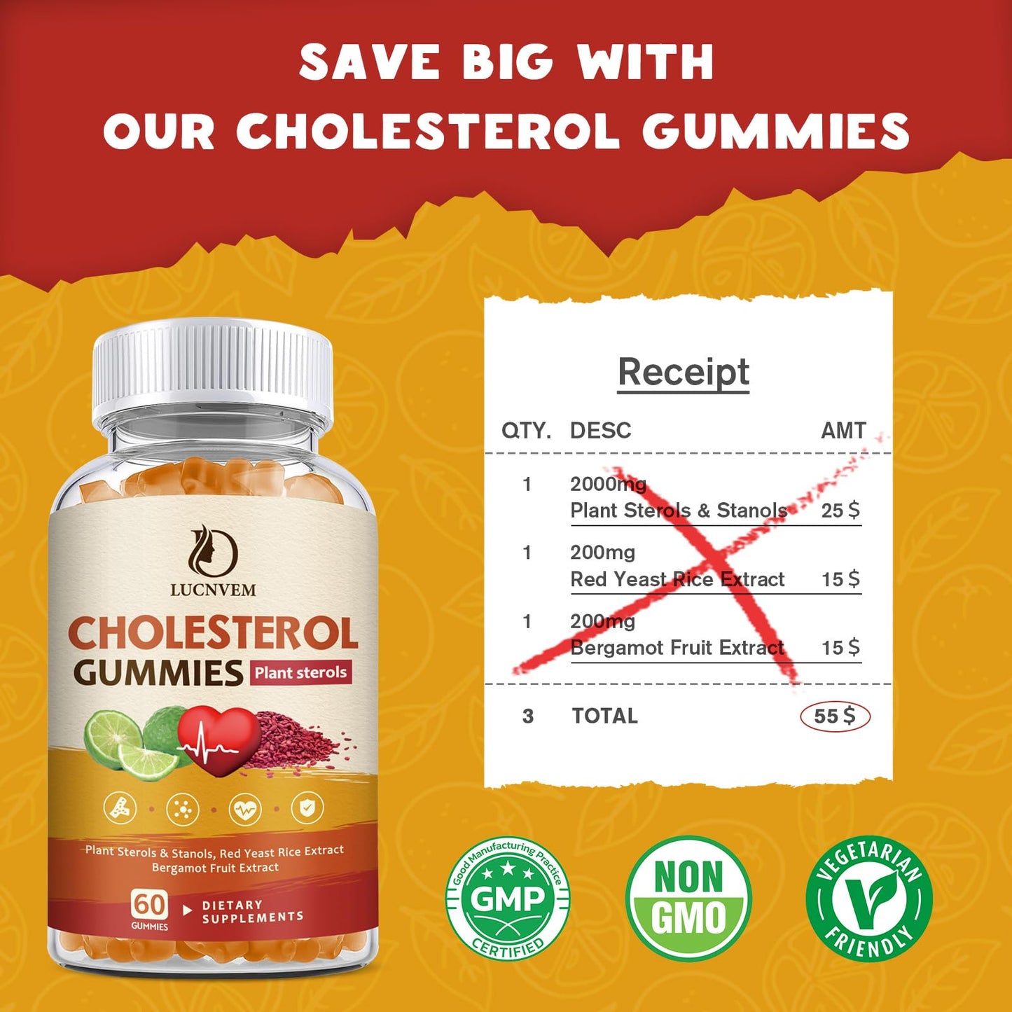 LUCNVEM Cholesterol Supplements Gummies for Healthy Cholesterol Levels with Plant Sterols & Stanols, Red Yeast Rice, Citrus Bergamot – 120 Count