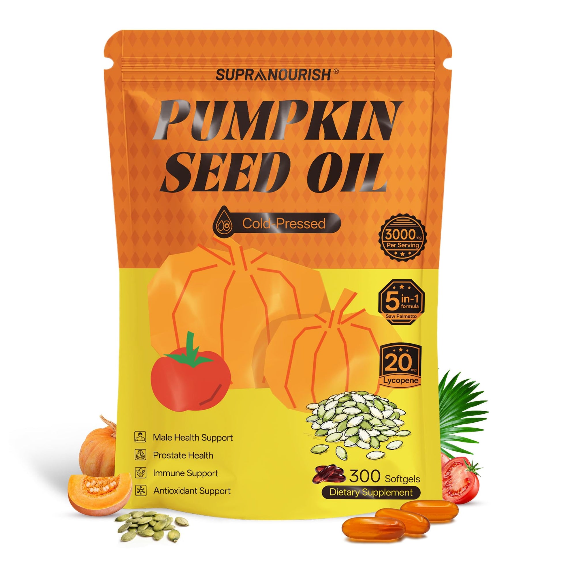 SUPRANOURISH Pumpkin Seed Oil 3000mg + Saw Palmetto 300mg + Lycopene 20mg Softgels, 300 Count