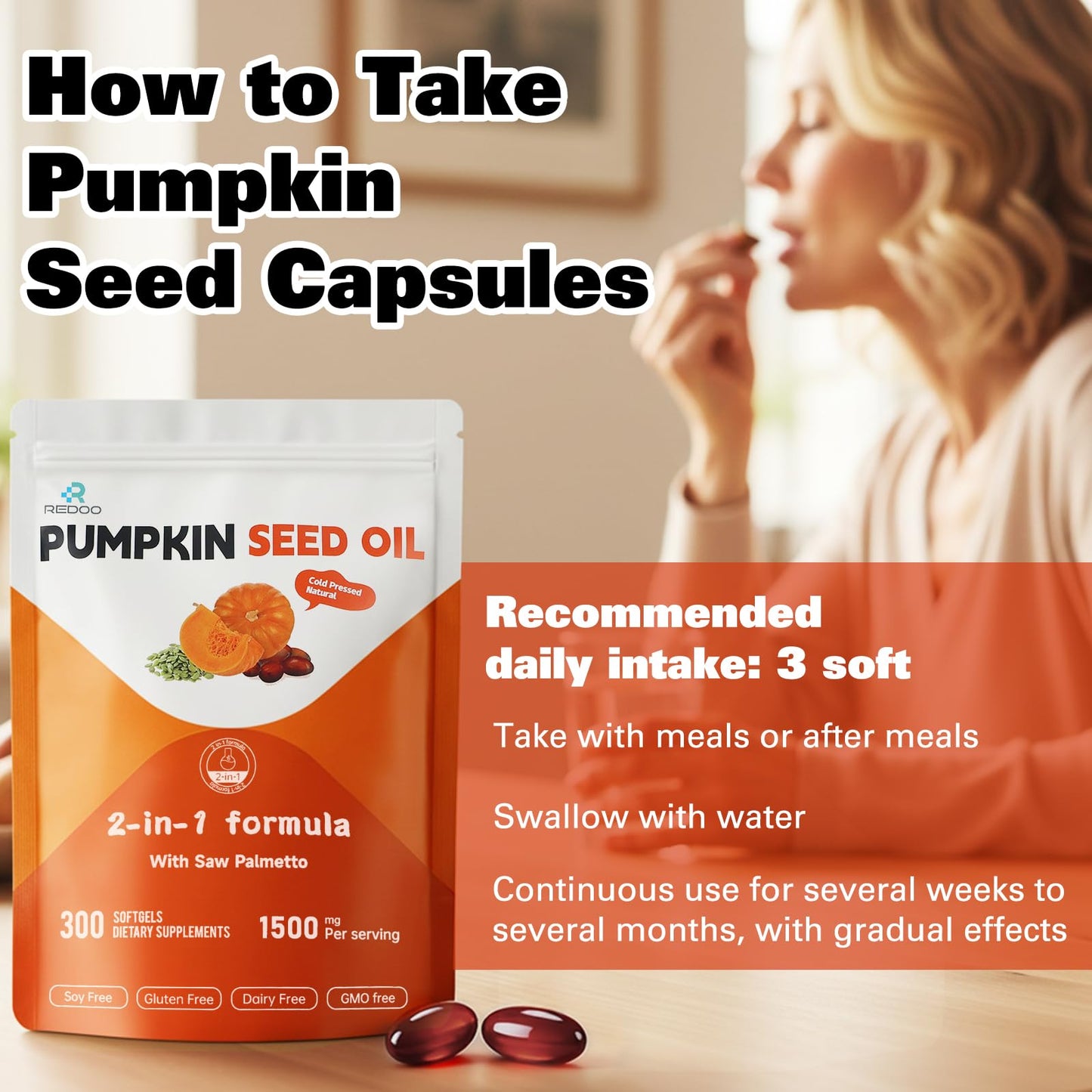 REDOO Pumpkin Seed Oil 1500mg Softgels, 300-count