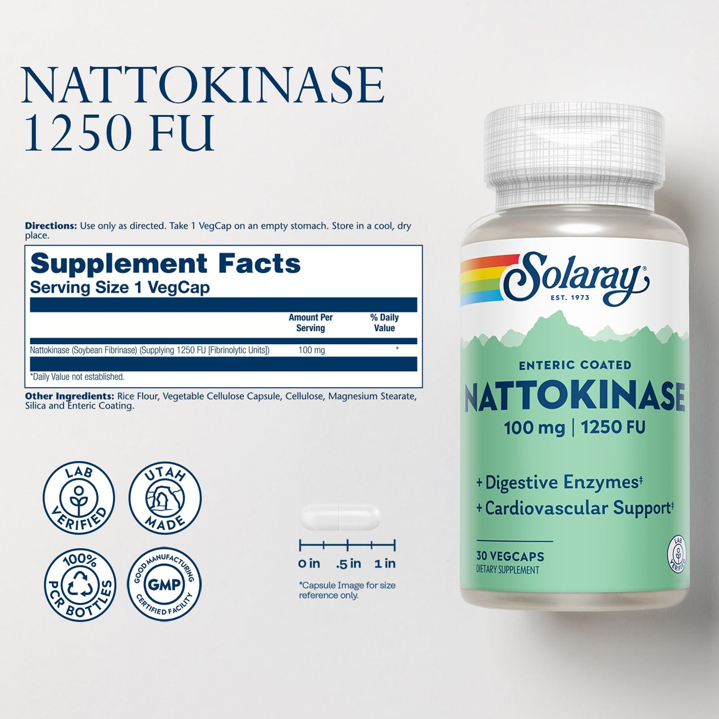SOLARAY Nattokinase Supplement 1250 FU for Men & Women - Enteric Coated Nattokinase Capsules 100 mg, 30 Veg Caps