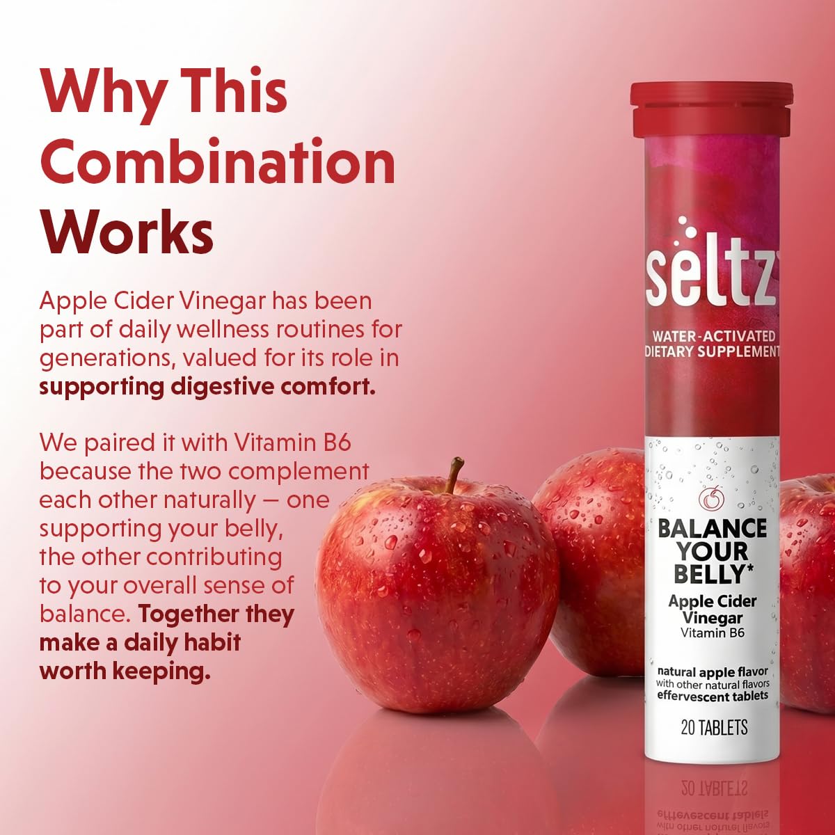 Seltz Apple Cider Vinegar Drink Tablets, Effervescent Tablets with Vitamin B6 for Digestive Wellness and Mood Support, Fizzy Apple Flavor, 120 Tablets