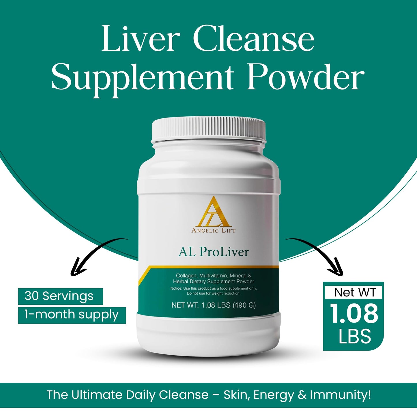 ANGELIC LIFT AL ProLiver Liver Detox & Cleanse Supplement with Collagen, Multivitamins, Minerals & Herbal Blend Powder, 17.28 oz
