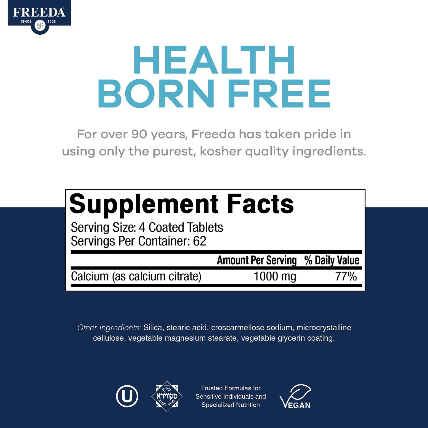 FREEDA Calcium Citrate 1000mg Supplement for Bone Support, 250 Tablets