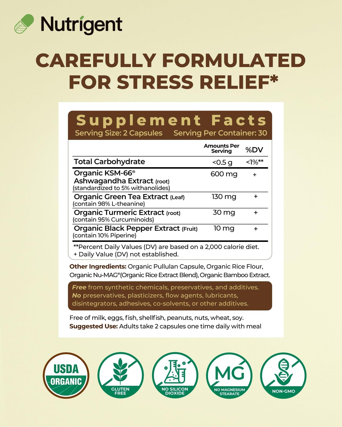 Nutrigent USDA Organic KSM-66 Ashwagandha 600mg with Organic L-Theanine, Turmeric & Black Pepper Capsules, 60 Count