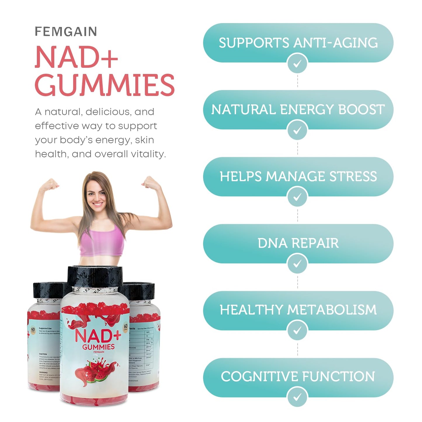 FEMGAIN NAD Gummies 1000mg, Watermelon Flavor, 60 Count