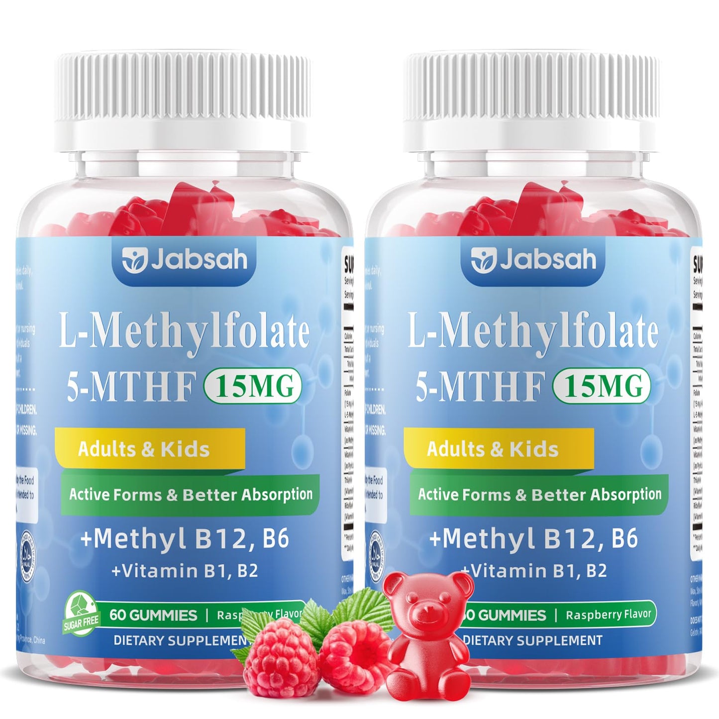 Jabsah L-MethylFolate 15mg + Methyl B12 Gummies for Kids & Adults, Active 5-MTHF with Methyl B6, B1, B2 Multivitamin, Raspberry Flavor, 120 Count