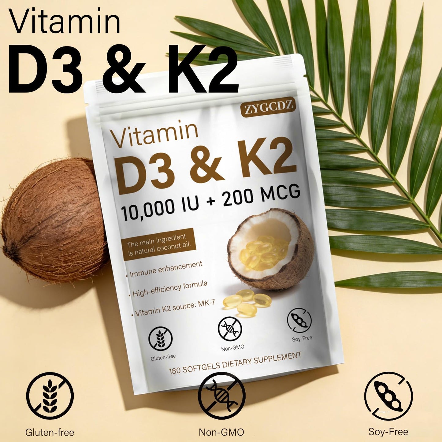 ZYGCDZ Vitamin D3 10000 IU with K2 MK-7 200 mcg Softgels 180 Count