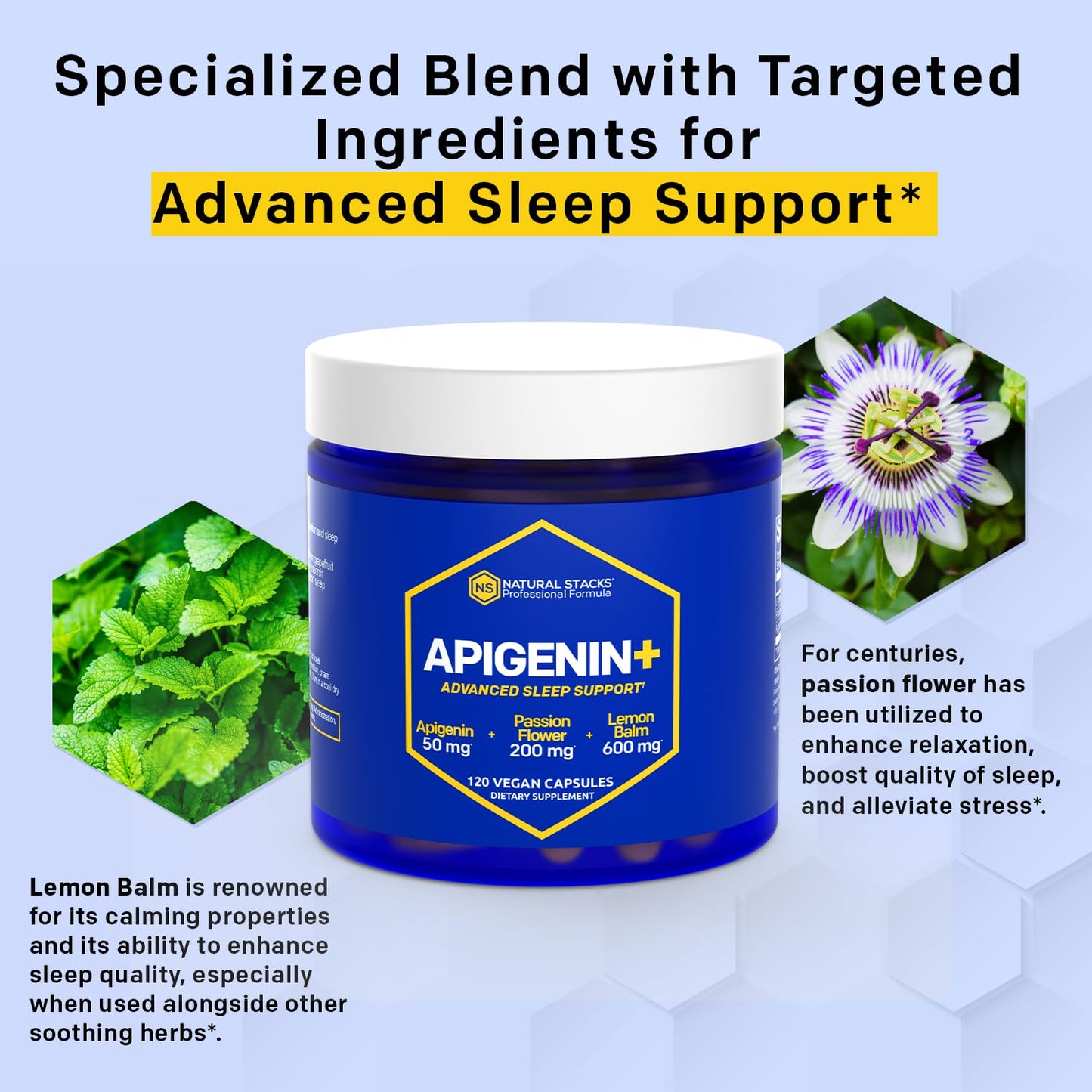 Natural Stacks Apigenin Sleep Supplement - 50mg Apigenin & 600mg Lemon Balm, Melatonin-Free Sleep Aid with Passion Flower Extract for Stress Support, 120 Capsules