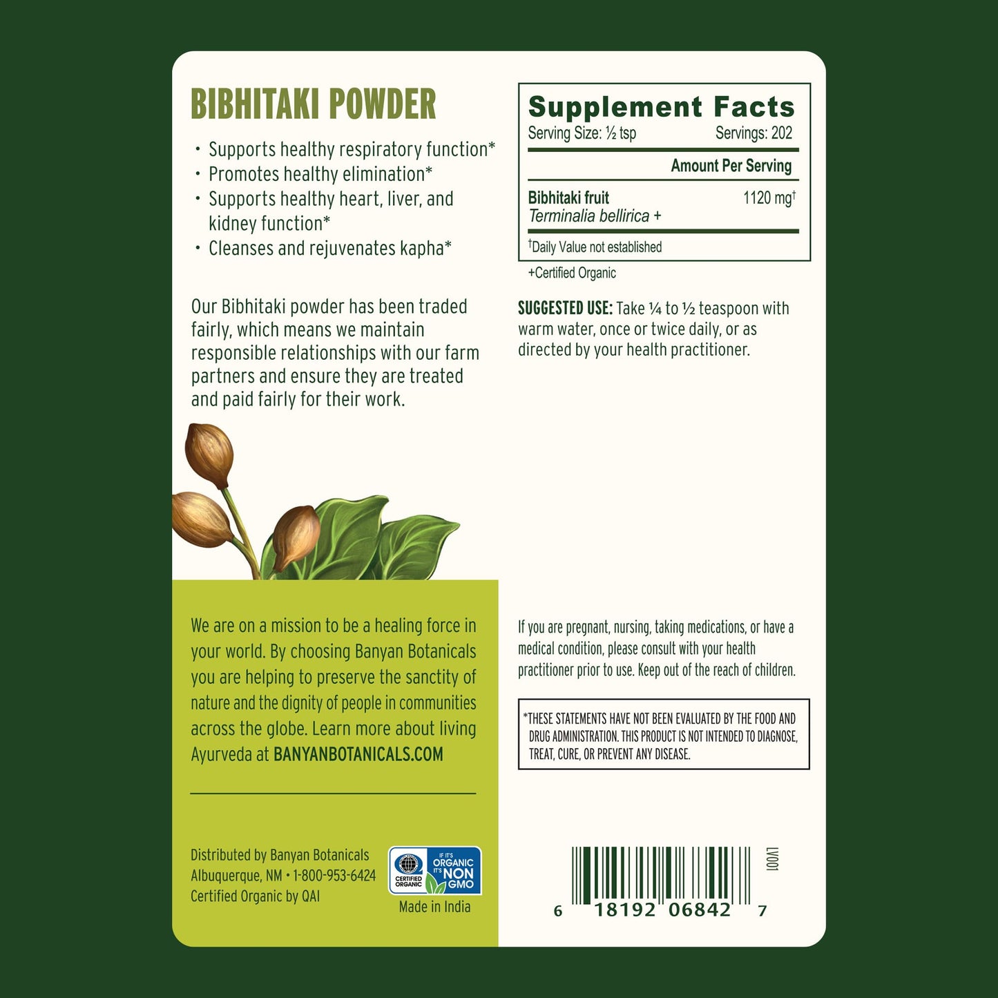 Banyan Botanicals Bibhitaki Powder - Certified Organic, 8 Ounce
