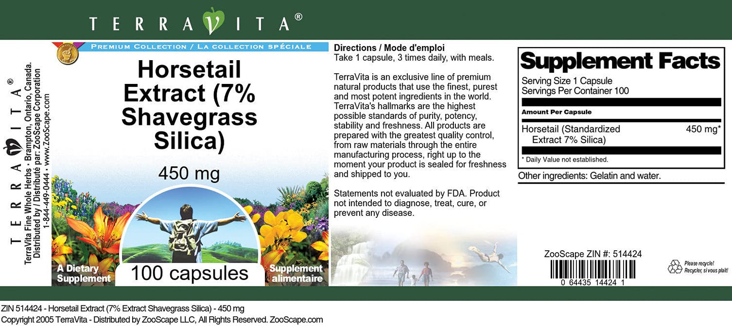 Terravita Horsetail Extract (7% Shavegrass Silica) - 450 mg Capsule, 100 Capsules