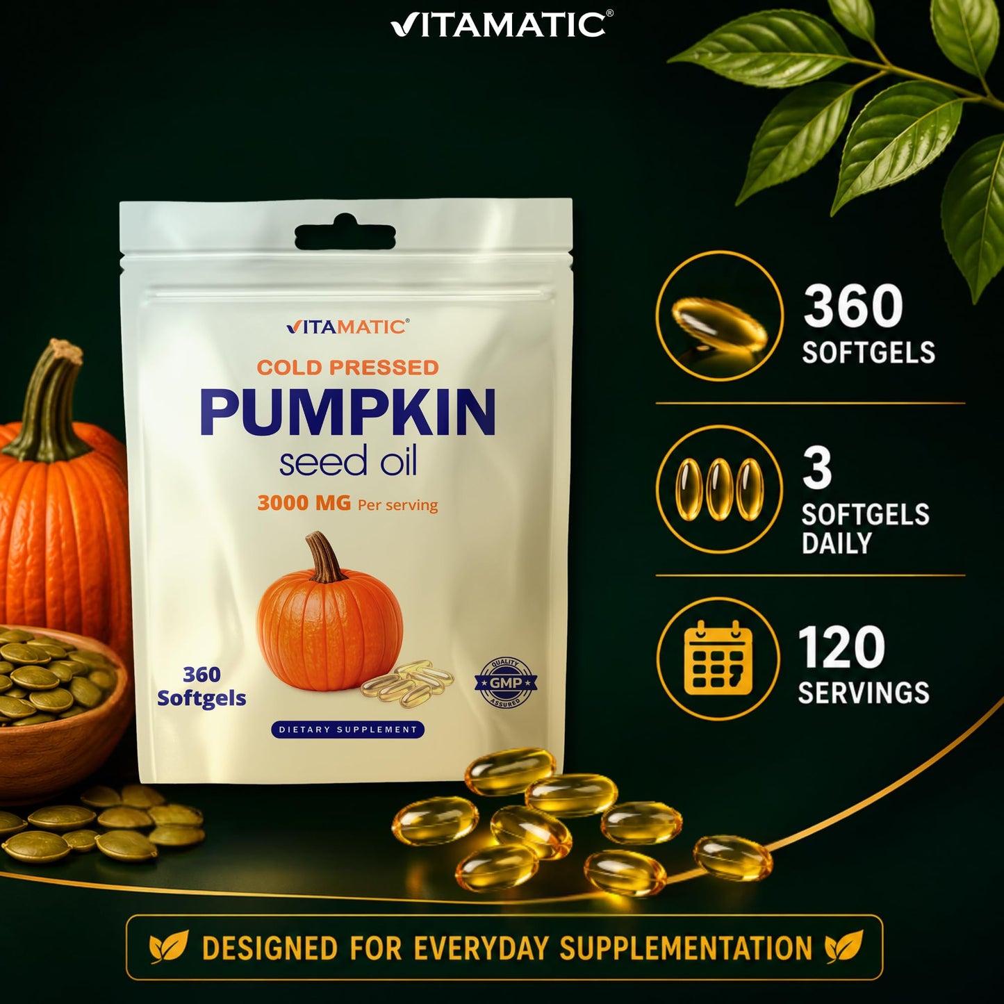 Vitamatic Pumpkin Seed Oil 3000 mg per Serving Softgels, 360 Count