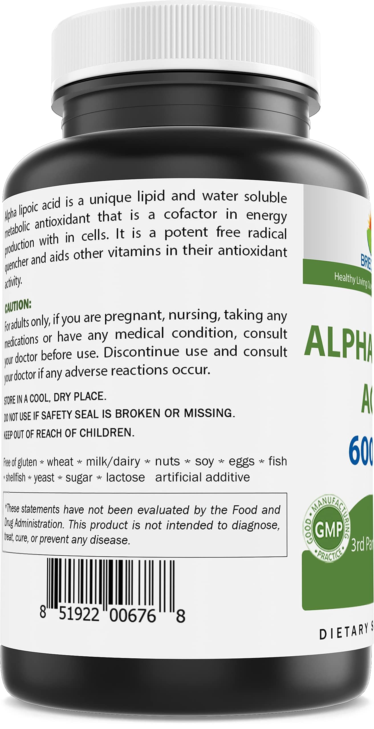 Brieofood Alpha Lipoic Acid 600mg Capsule, 240 Count, Non-GMO, Gluten Free