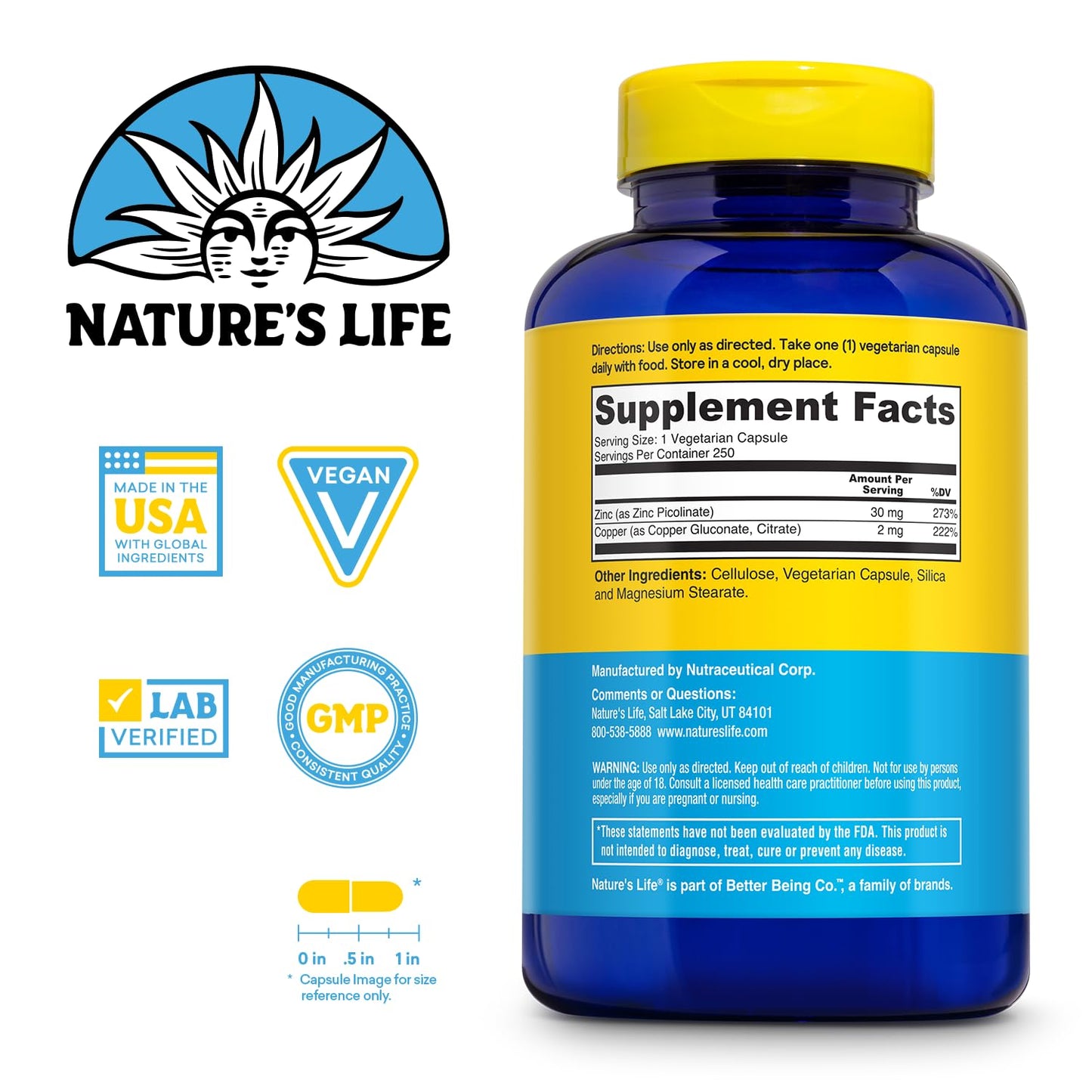 Nature's Life Zinc Picolinate 30 mg plus 2 mg Copper, Chelated Zinc Supplement, 250 Capsules