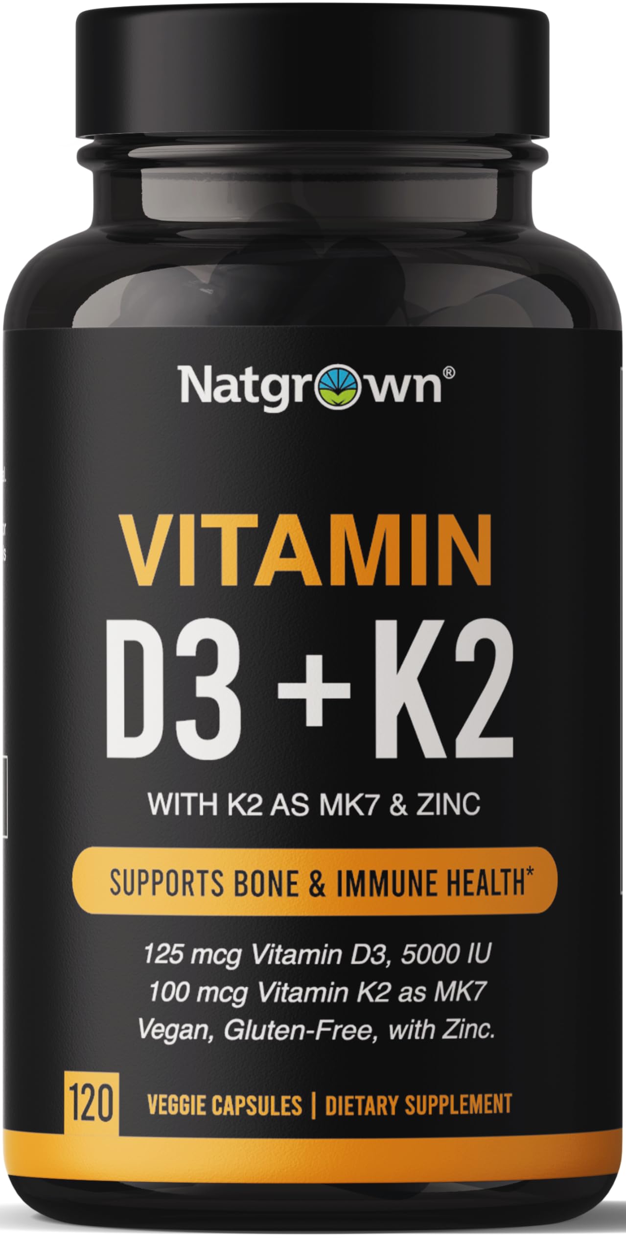 Natgrown Vitamin D3 K2 with Zinc - D3 5000 IU & K2 MK7 100 mcg Capsule, 120 Count