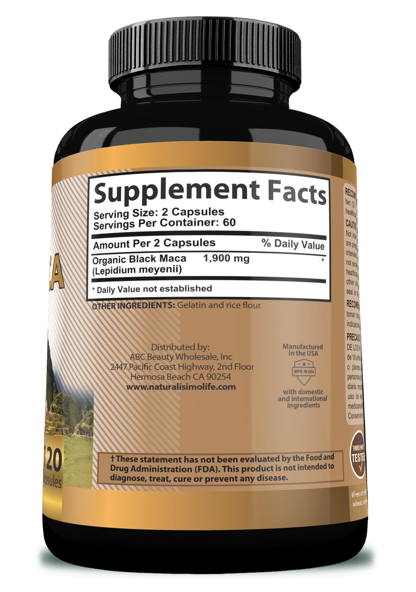 NaturalisimoLife Organic Black Maca 1,900 mg per Serving Natural Energy Booster Peruvian Maca for Men & Women Capsules, 120 Count
