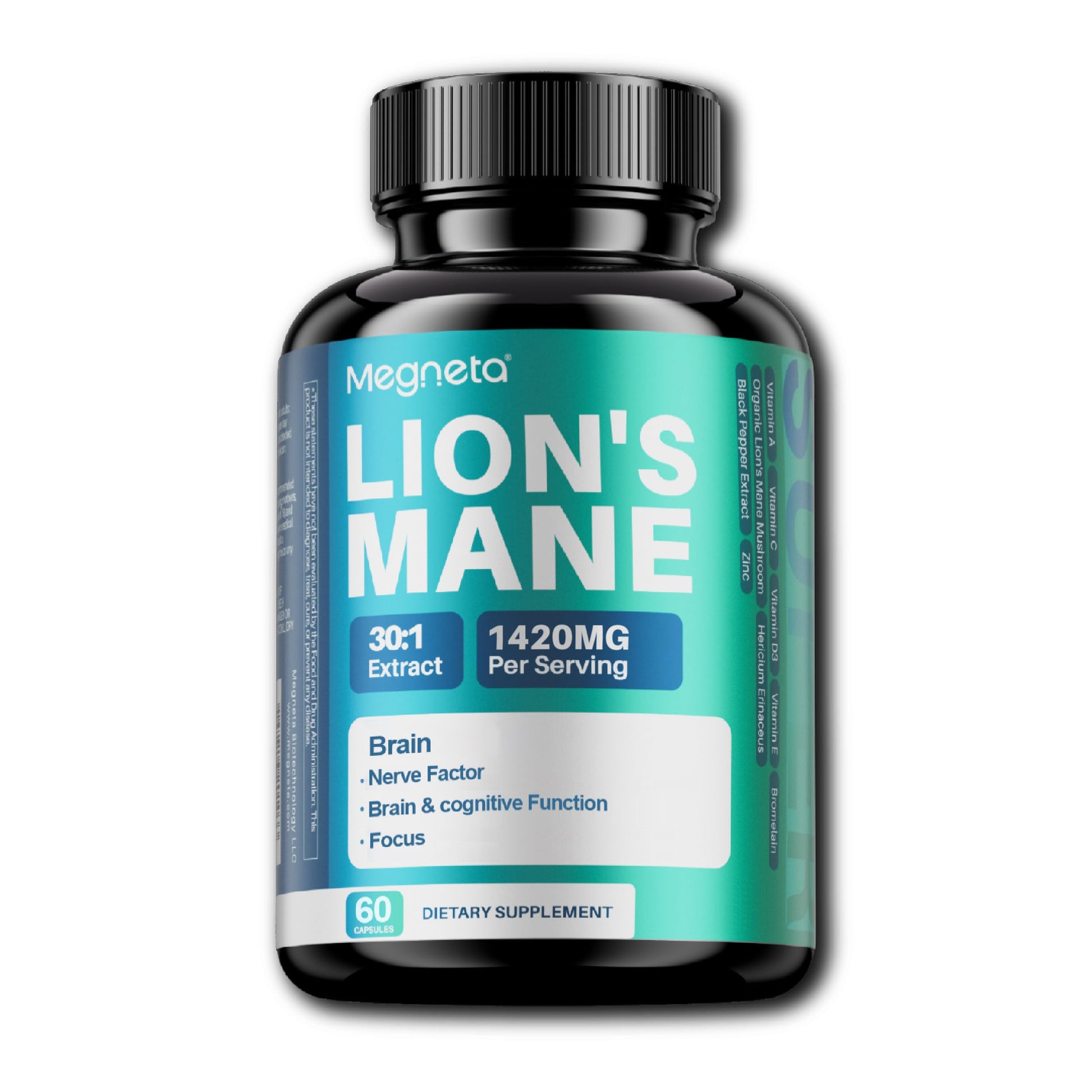 MEGNETA Lion's Mane Supplements with Vitamins A, C, D3, E & Zinc Capsules 60 Count