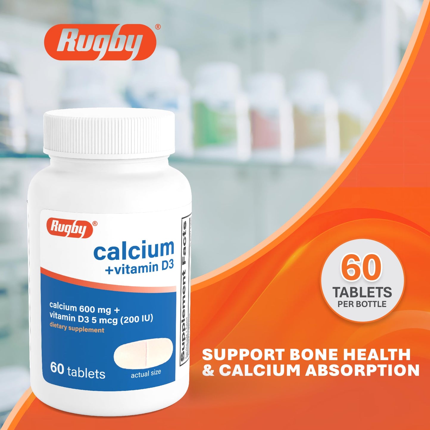 Rugby Laboratories Calcium 600 mg Tablets with Vitamin D3 200IU (5 mcg) Gluten-Free Daily Vitamin D Dietary Supplement for Bone Health and Calcium Absorption, 60 Tablets