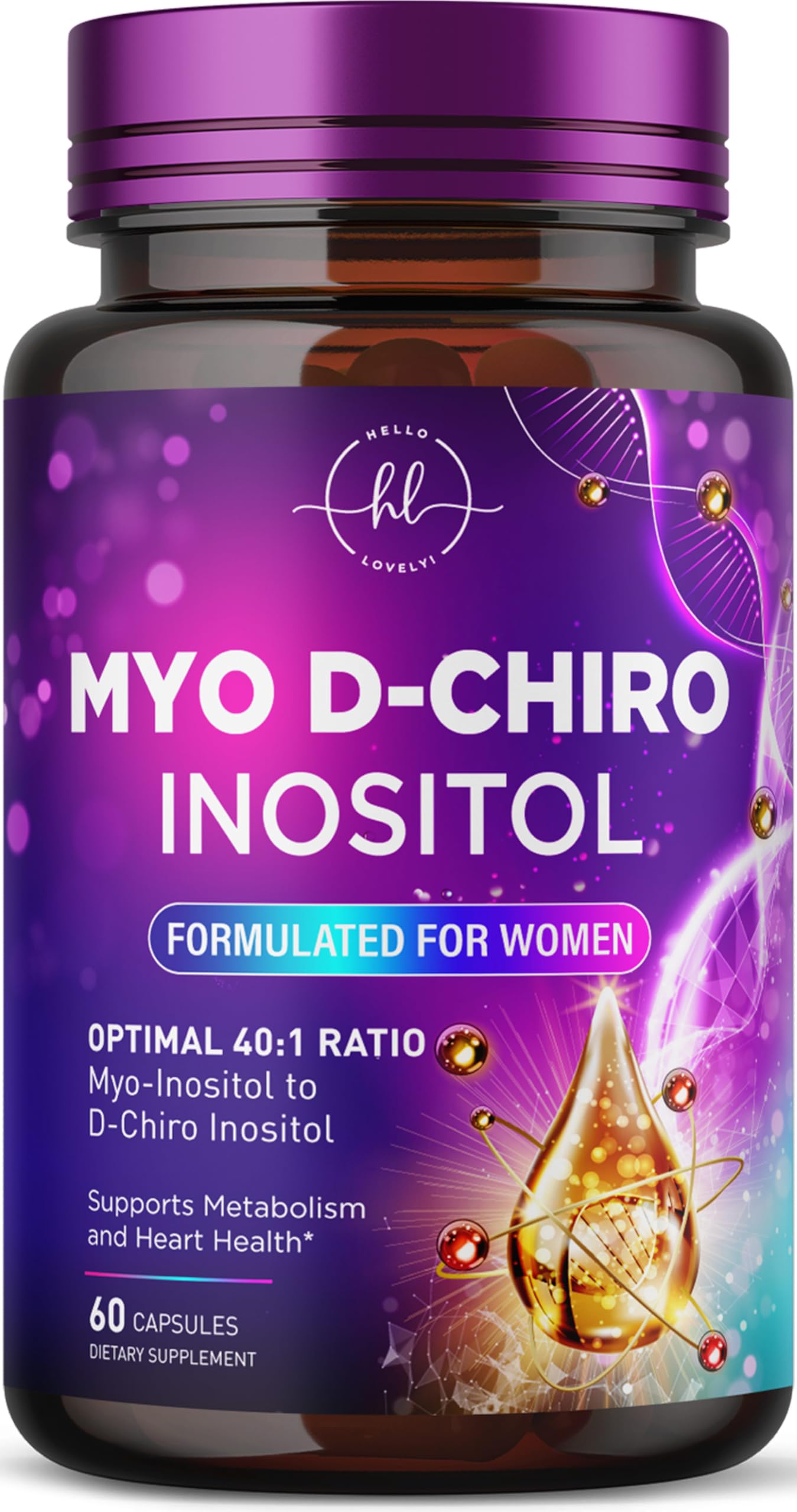 Hello Lovely! Myo-Inositol & D-Chiro Inositol Supplement 2000mg - Myoinositol with Ideal 40:1 Ratio - Fertility Support for Women, Ovarian Health & Hormone Balance, Capsules, 60 Capsules