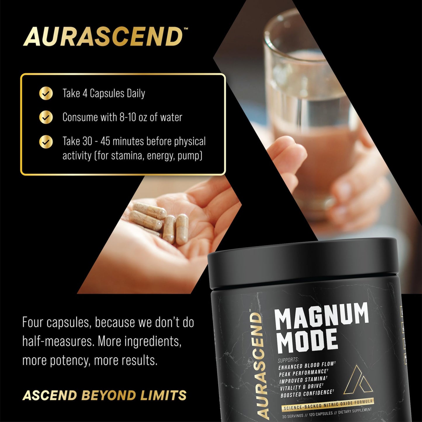 Aurascend Magnum Mode Nitric Oxide Supplements for Men with L Arginine, 120 Capsules
