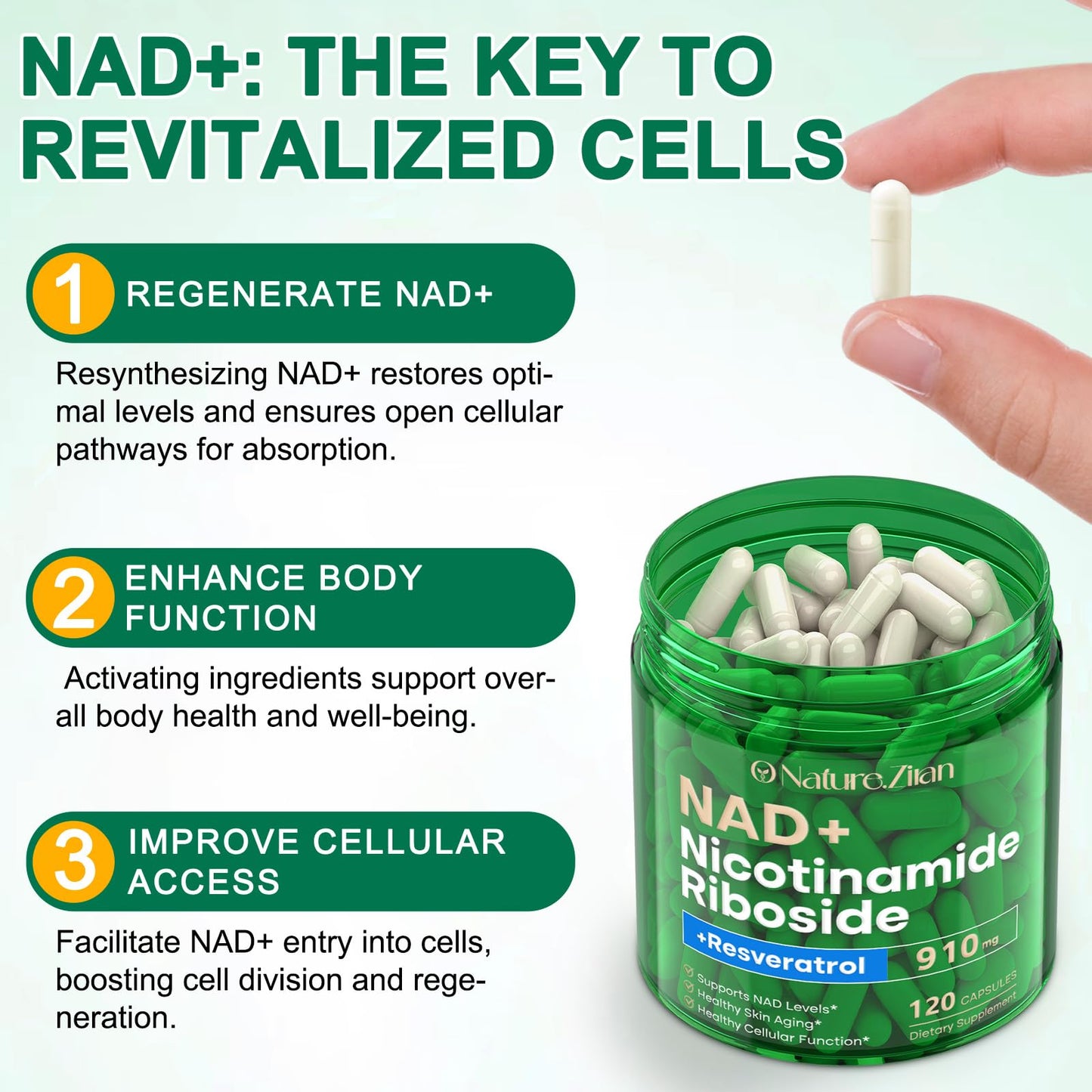 O NATURE . ZIRAN NAD Supplement Capsule Nicotinamide Riboside 910 mg, Liposomal Nicotinamide Riboside Resveratrol for Anti-Aging, Energy, Focus, Boost NAD+ - 120 Capsules
