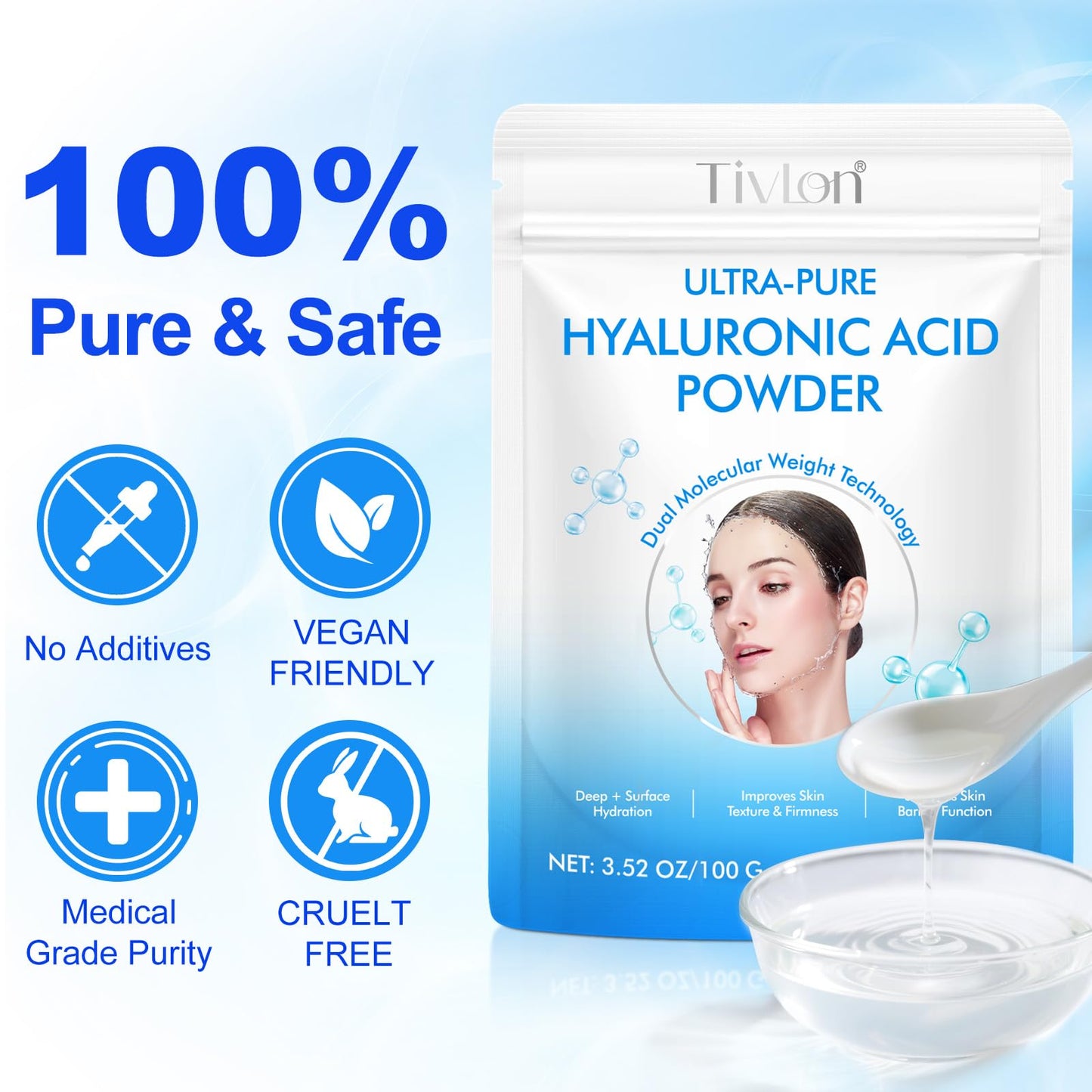 Flasture Hyaluronic Acid Powder for Skin, High Molecular Weight, Water-Soluble, Cosmetic Grade, Vegan, Gluten-Free, DIY Serums & Creams, 7.04 oz