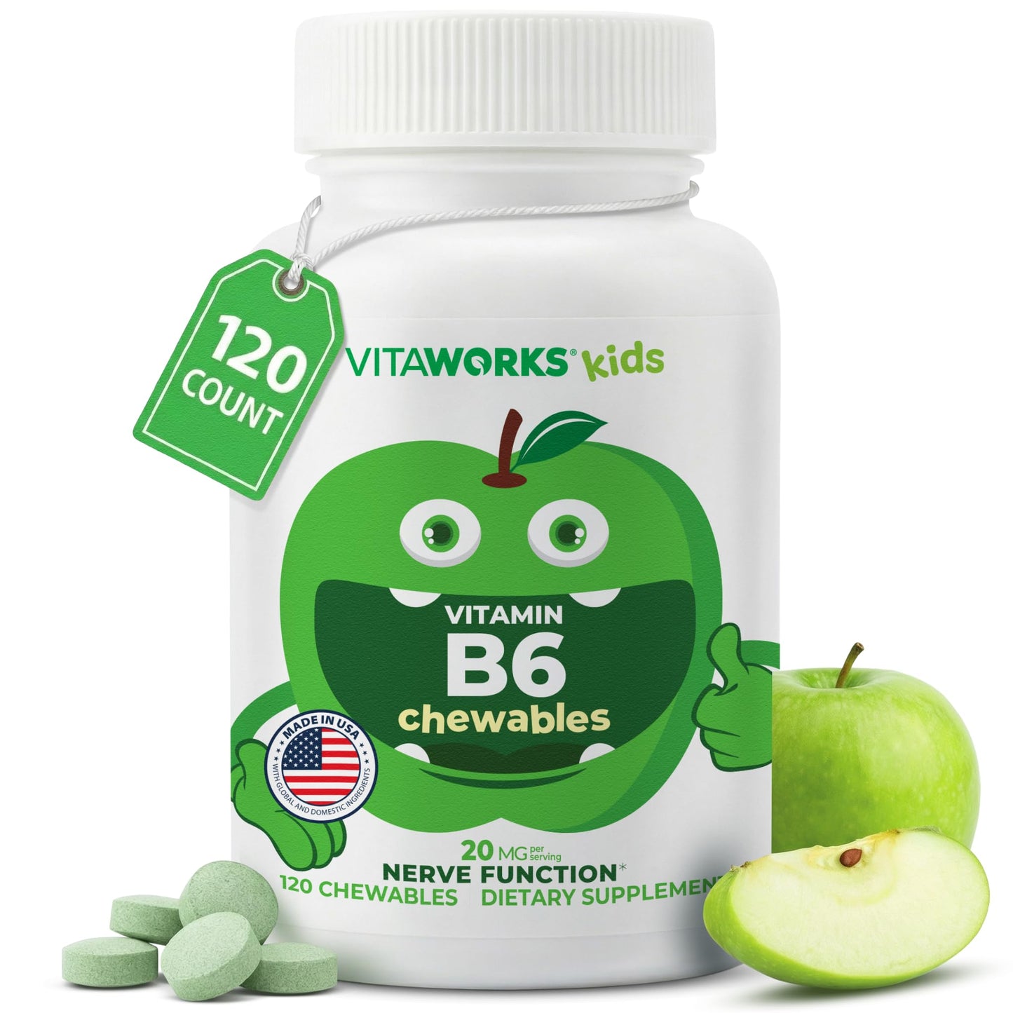 VitaWorks Vitamin B6 for Kids Chewable Tablets, 20 mg Pyridoxine HCl, 120 Count