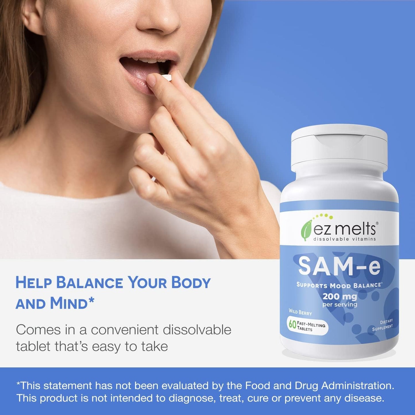 EZ Melts Dissolvable SAM-e Supplement 200 mg Tablets, 60 Count