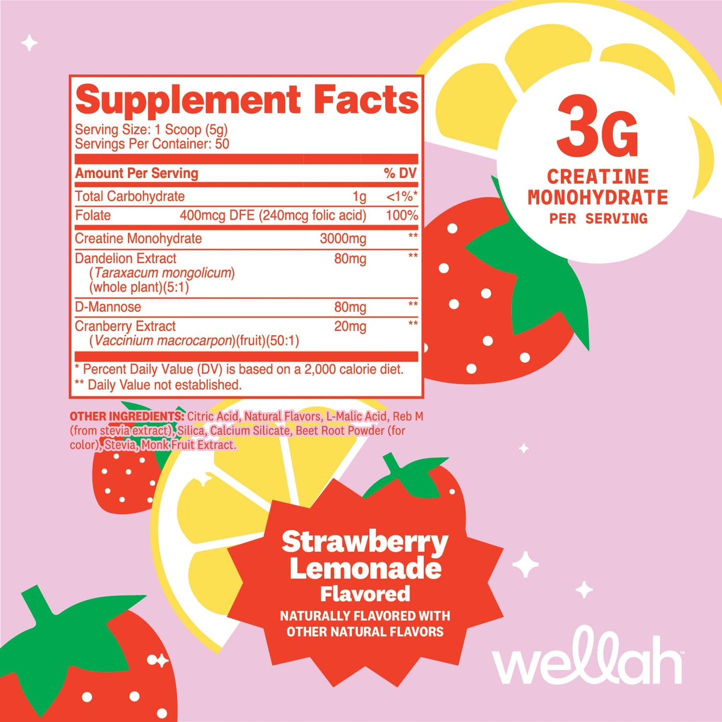 Wellah Creatine for Women Creatine Monohydrate with Dandelion & Cranberry Extract Powder, 50 Servings