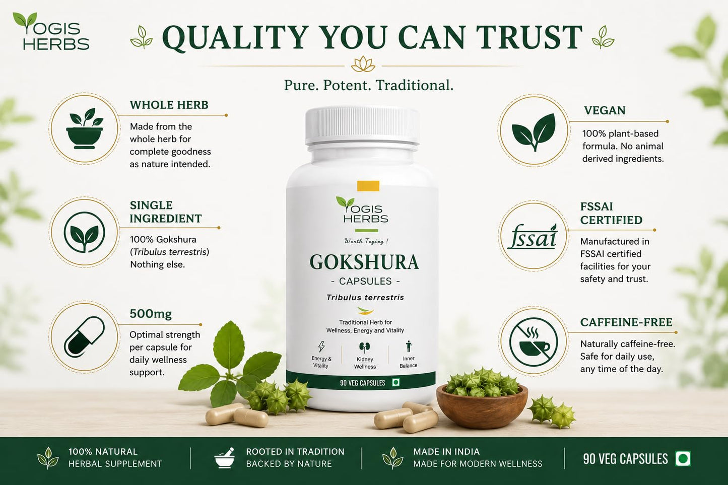 YOGIS HERBS Gokshura Capsules – Tribulus Terrestris (Nerunji/Gokhru/Puncture Vine) – Whole Fruit Powder, 90 Veg Capsules