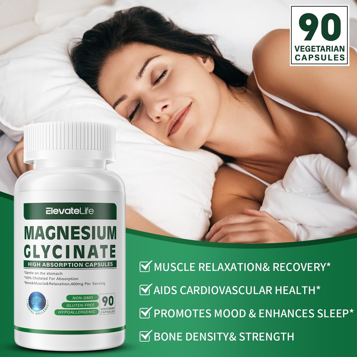 ElevateLife Magnesium Glycinate 400 mg Capsule, 90 Count