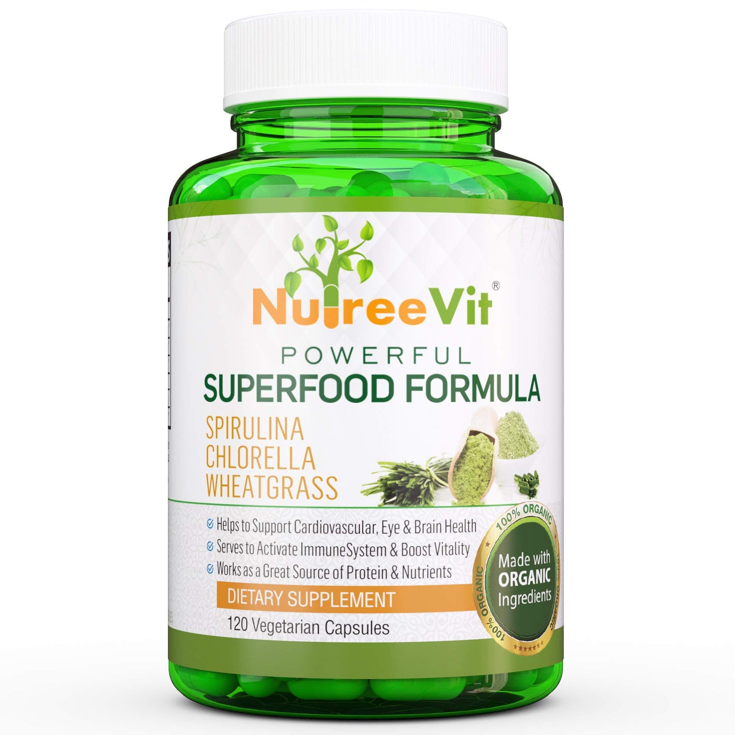 NutreeVit Pure 100% Organic Spirulina + Chlorella + Wheatgrass Veggie Capsules, 320 Count