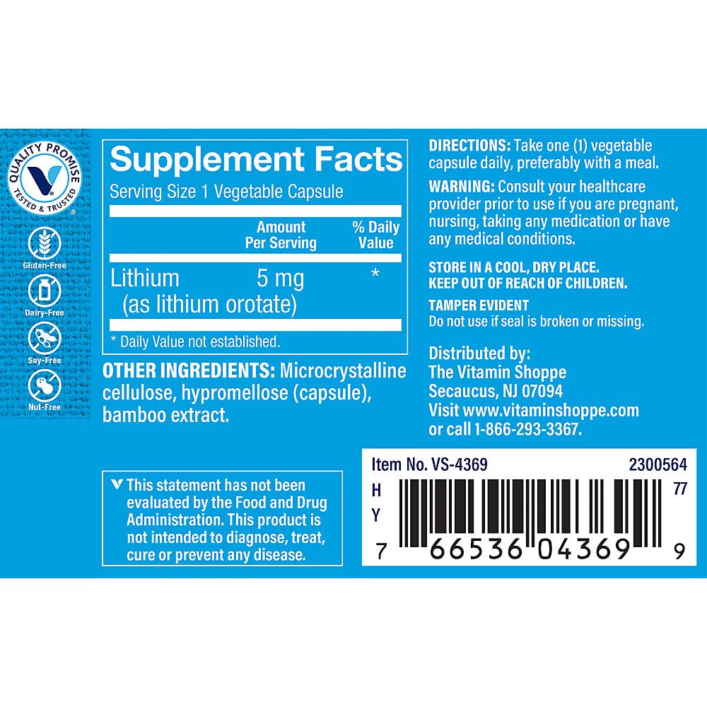 The Vitamin Shoppe Lithium Orotate Brain Nervous System Support Vegetarian Capsules 120 Count