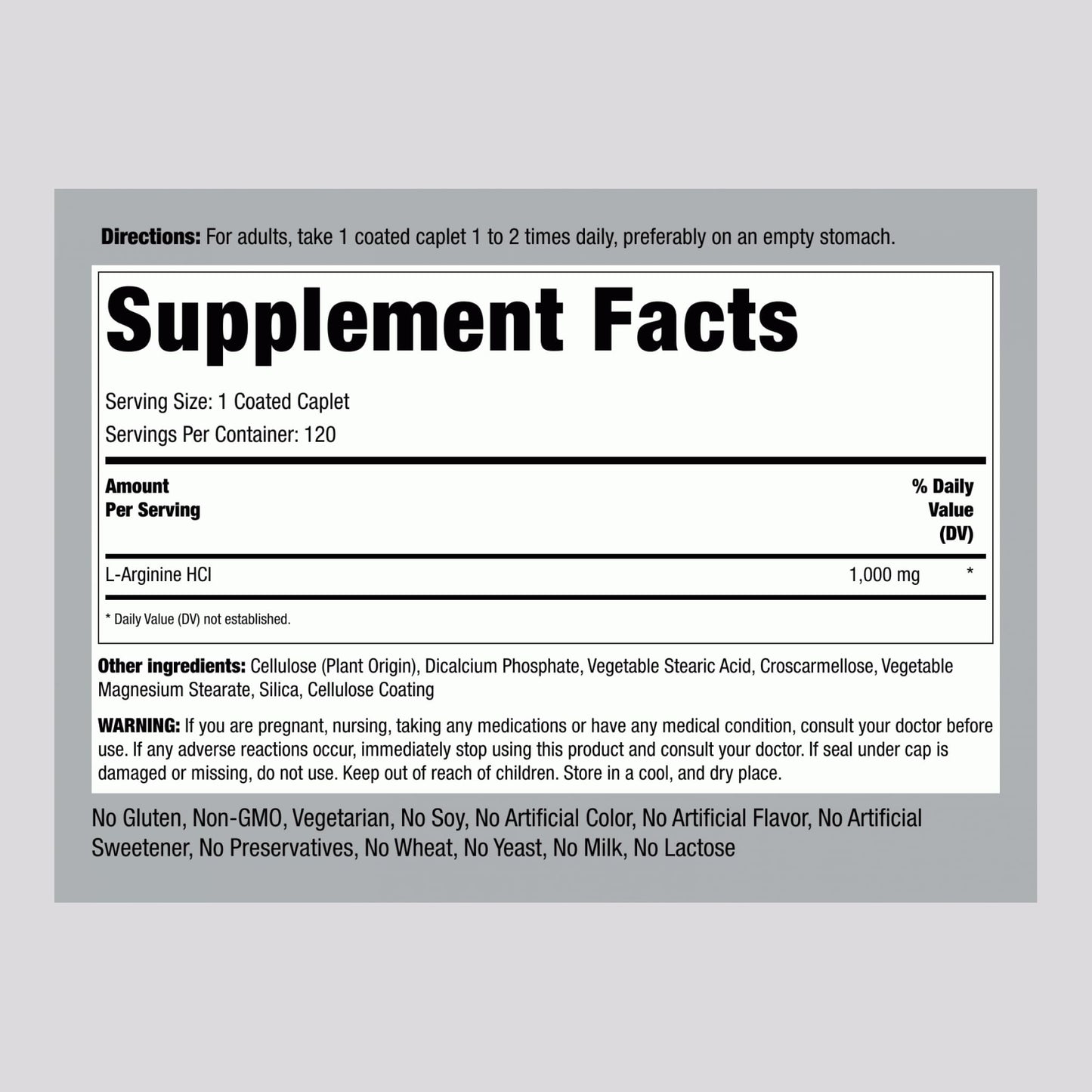 Piping Rock L-Arginine HCl 1000mg Caplets, 120 Count