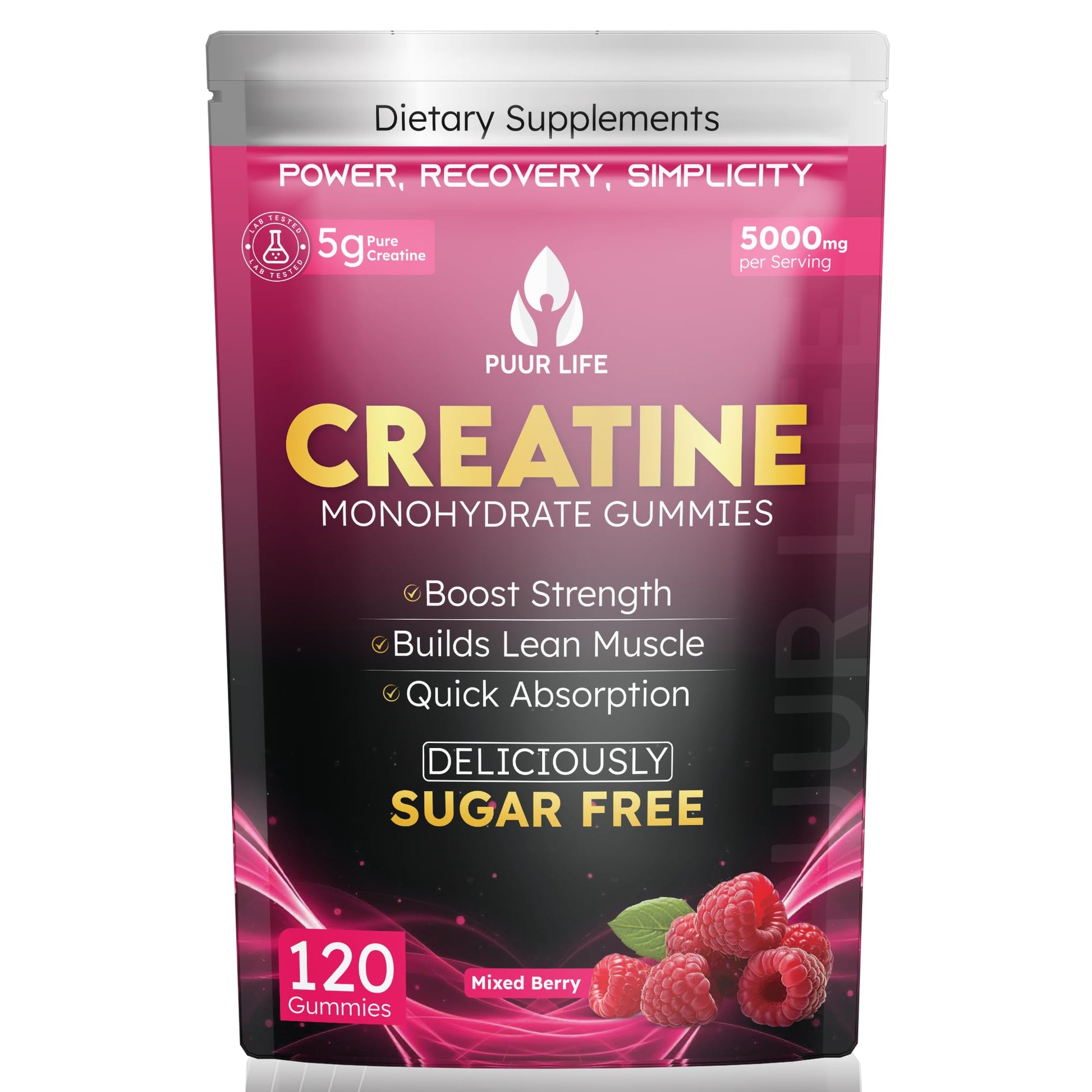 PUUR LIFE Creatine Monohydrate Gummies 5000mg, 120 Count