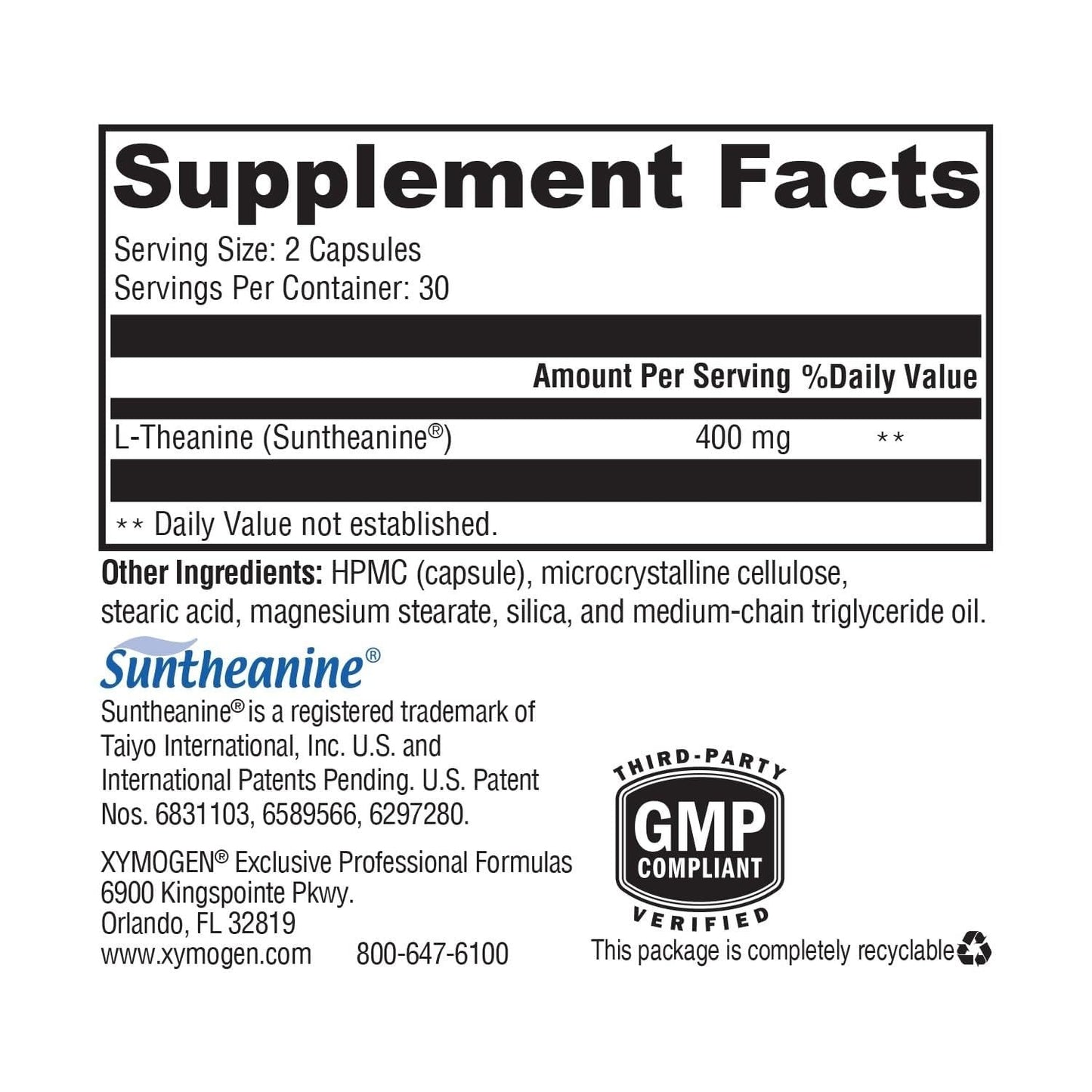 XYMOGEN L-Theanine Suntheanine Relaxation, Focus & Stress Support Capsules, 60 Count