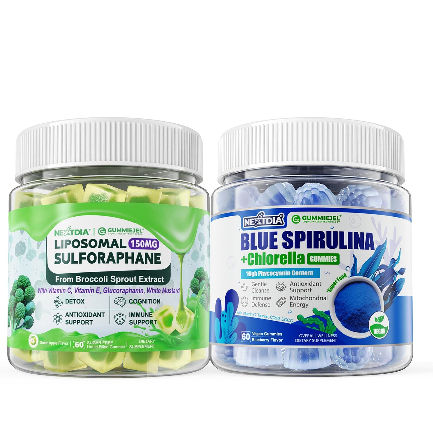 Nextdia 150mg Liposomal Sulforaphane Gummies + Organic Blue Spirulina Gummies, 120 Gummies