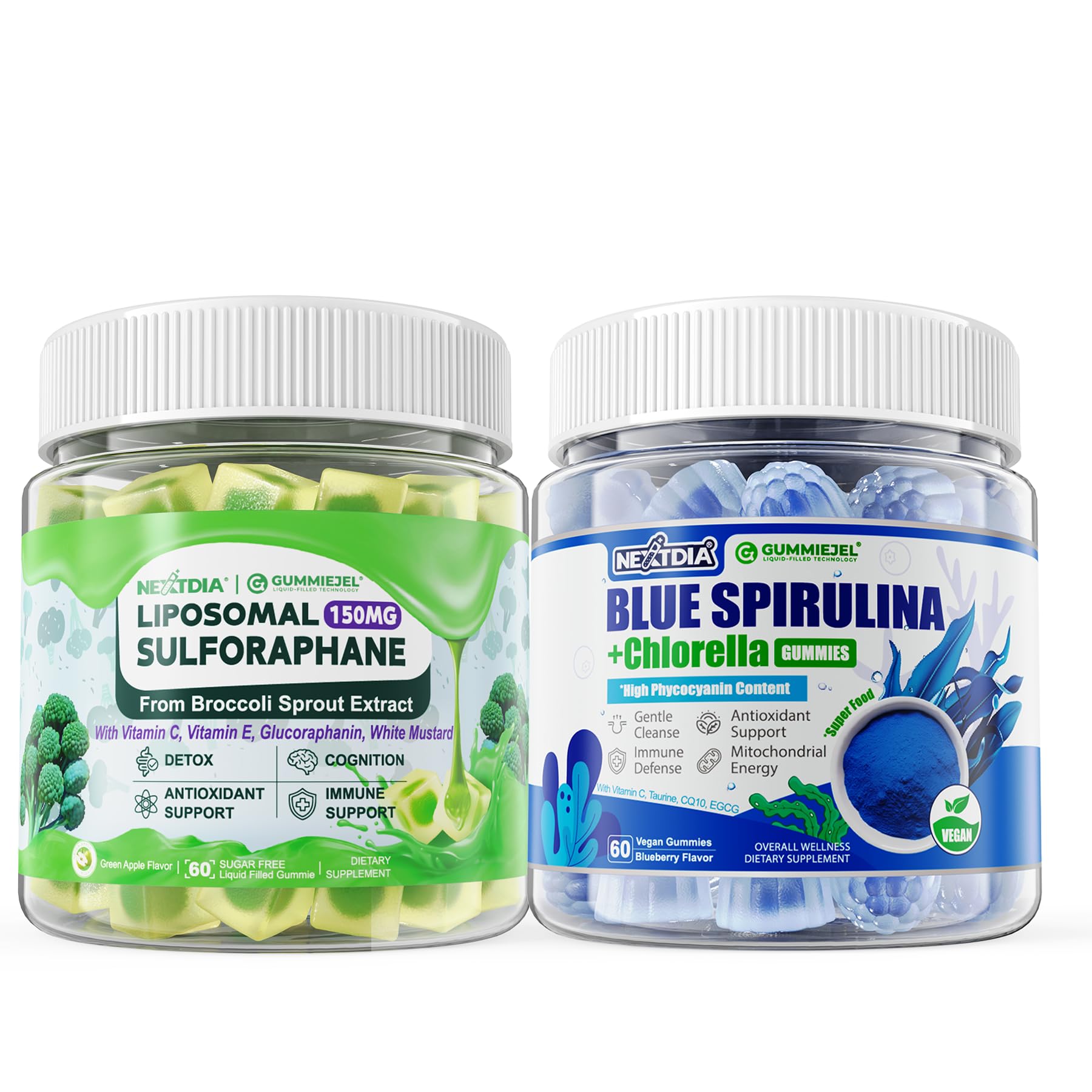 Nextdia 150mg Liposomal Sulforaphane Gummies + Organic Blue Spirulina Gummies, 120 Gummies