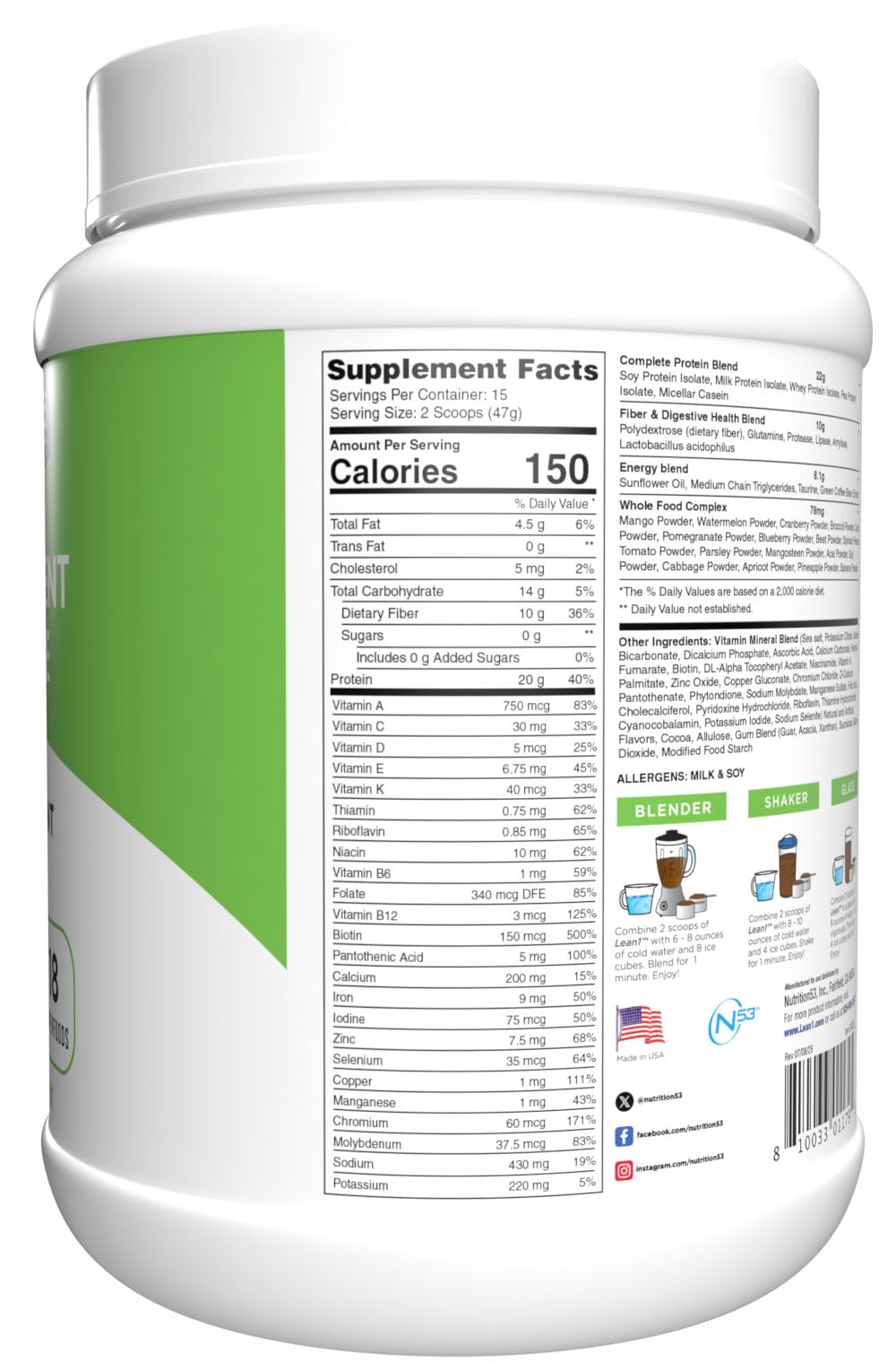 LEAN1 Chocolate Mint Flavor Fat-Burning Meal Replacement Protein Shake Powder, 27.5 Ounce