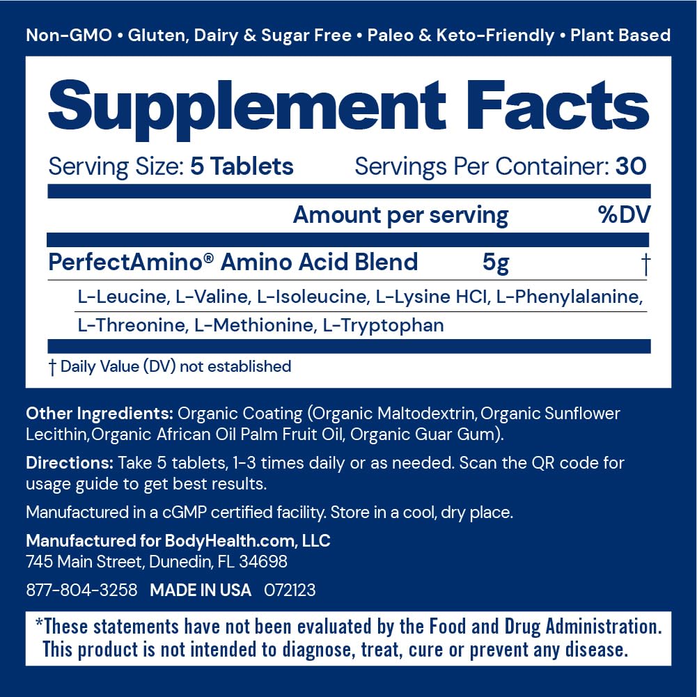 BodyHealth PerfectAmino Easy to Swallow Tablets, Essential Amino Acids with BCAAs, Vegan Protein for Pre/Post Workout & Muscle Recovery, 180 Tablets