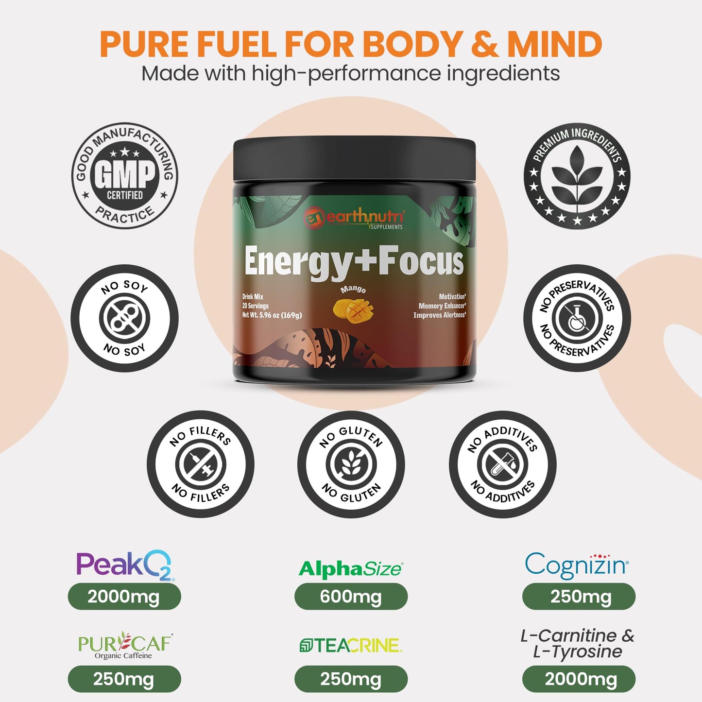 EarthNutri Energy + Focus Powder Supplement, 6.03 oz