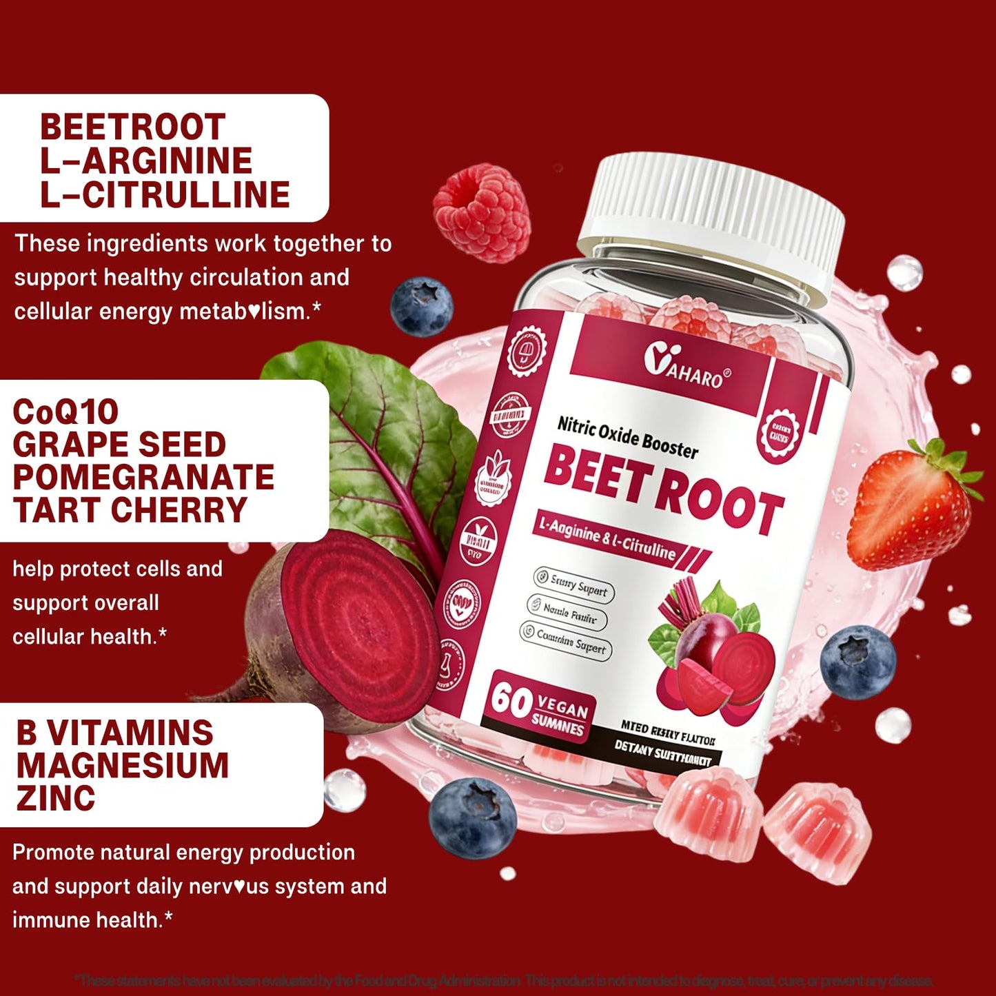YAAHARO Beet Root Gummies Nitric Oxide Supplement with L-Citrulline & L-Arginine, 120 Gummies